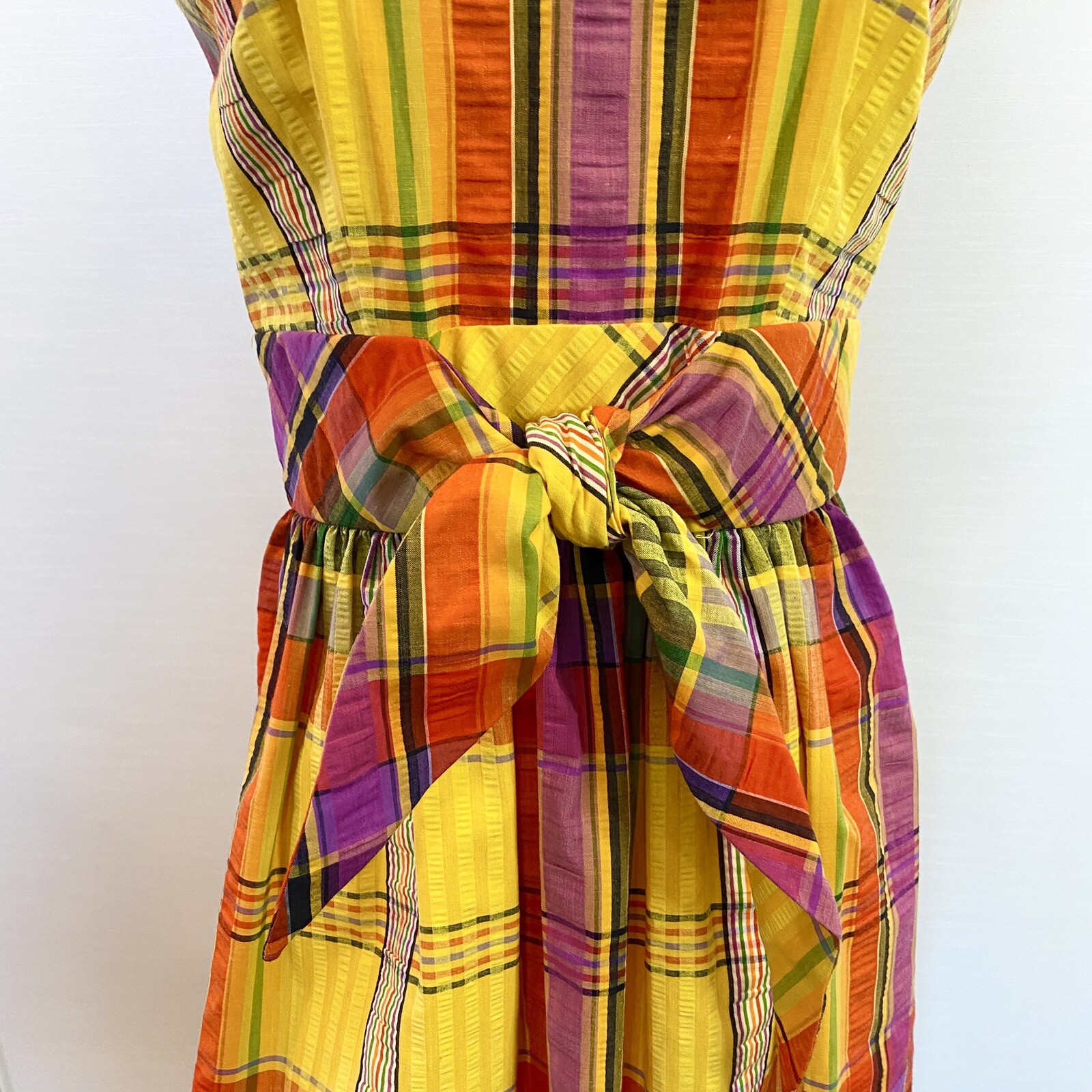 Vintage SWIRL Concept 70s Yellow Orange Madras Plaid Maxi Gown Long Column Dress