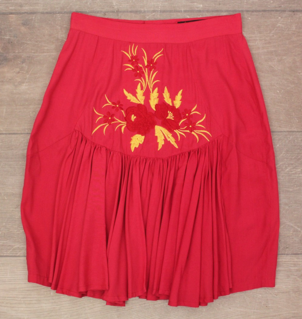 VTG Womens 90s 2 Pc Coral Red Embroidered Rayon Top & Skirt Dress Set XS/S 1990s