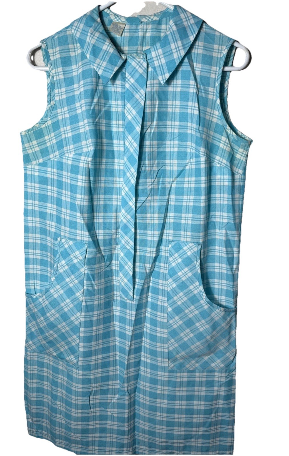 Vtg 60s Blue Plaid Sleeveless Sheath House Dress-Bust 36” Lightweight EUC
