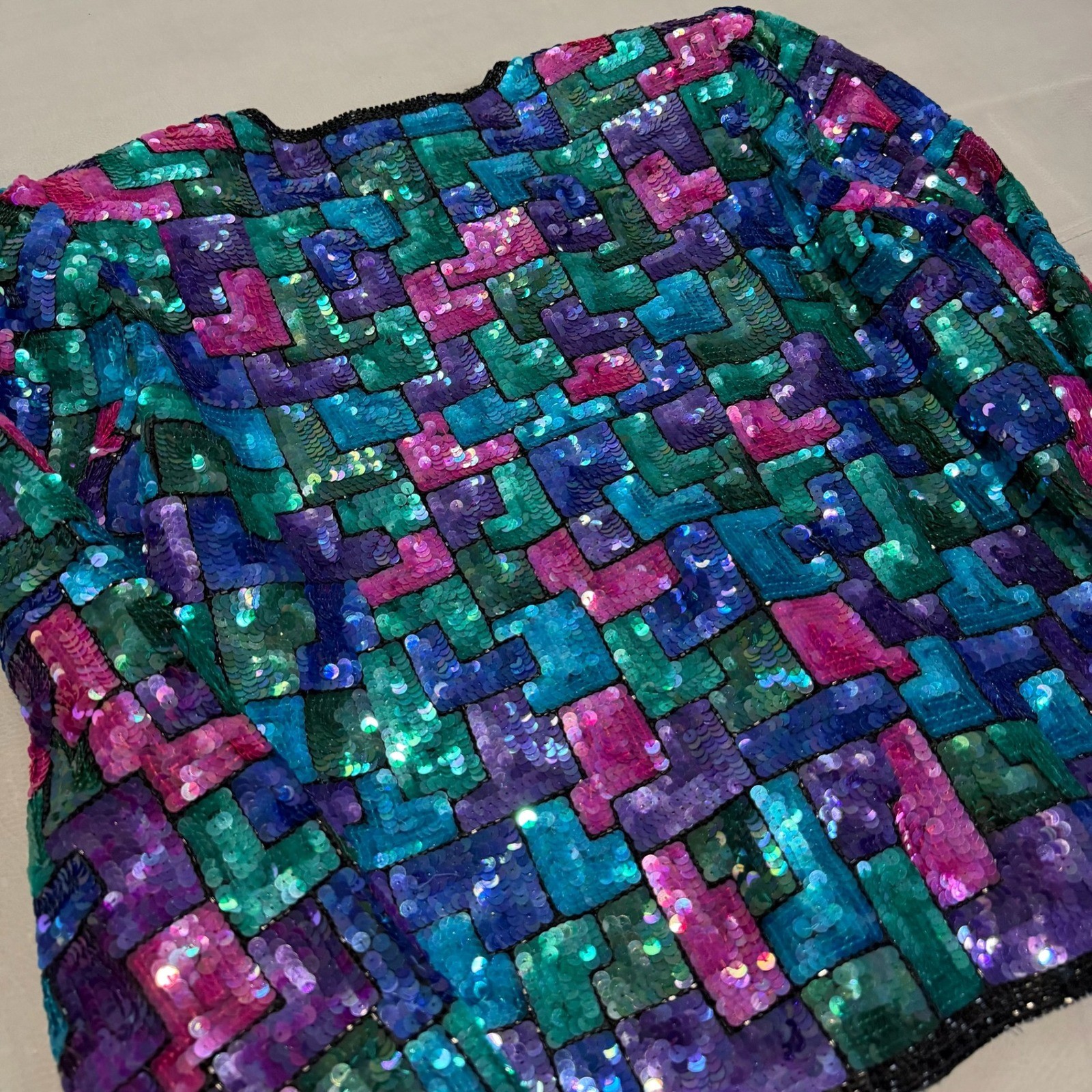 VTG Laurence Kazar Sequin 100% Silk Geometric Blazer Jacket Colorful Festivel-L-