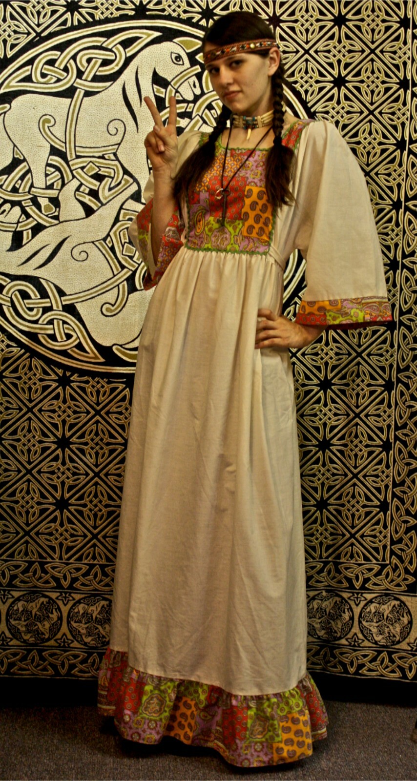 VTG 60s Maxi Dress Cream & Psychedelic Waist Ties 3/4 Wide Sleeve Hippy Boho S/M