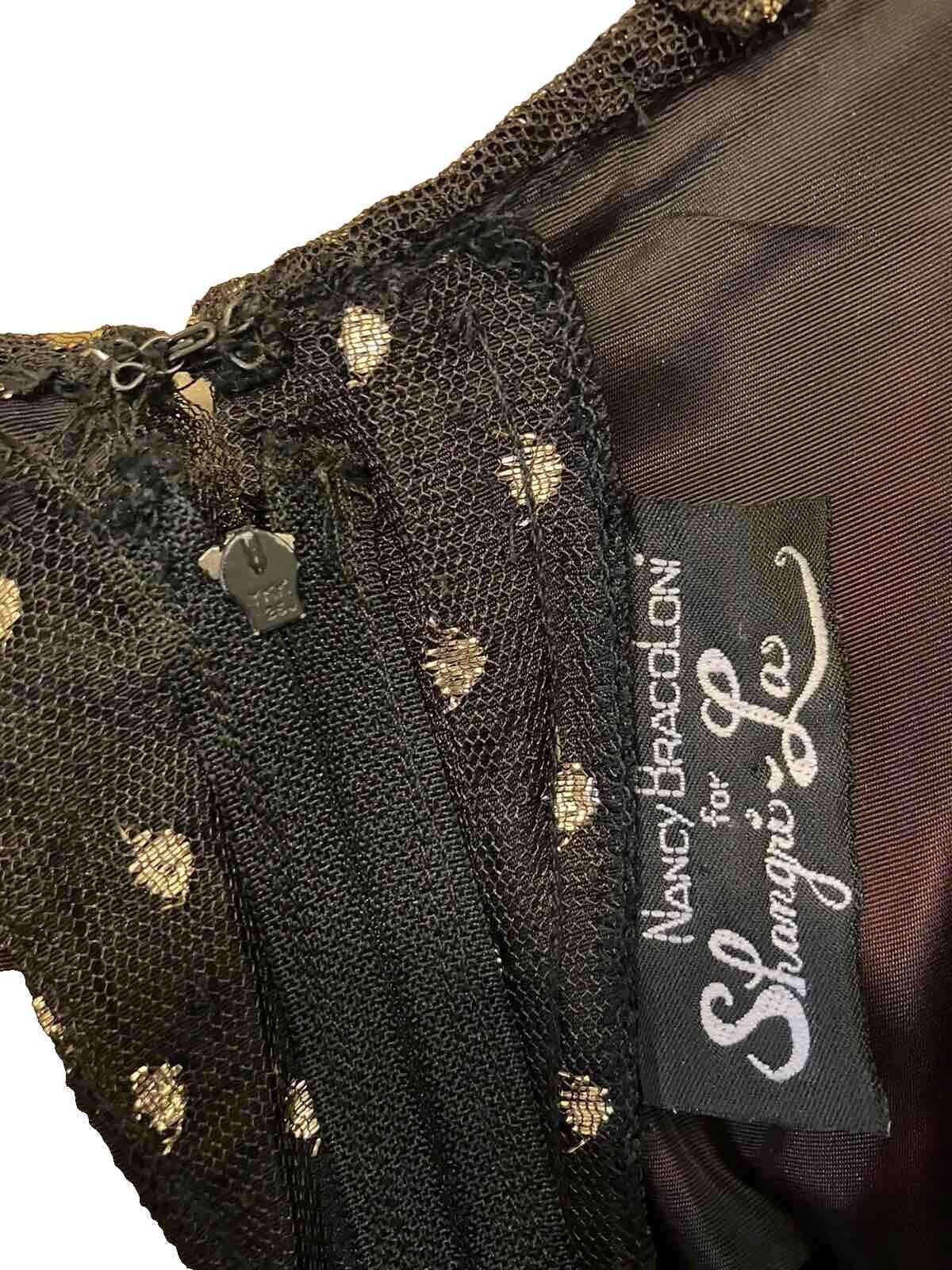VTG Dress Nancy Bracoloni Shangri La Black Gauze W/ Gold Polka Dots See Measures