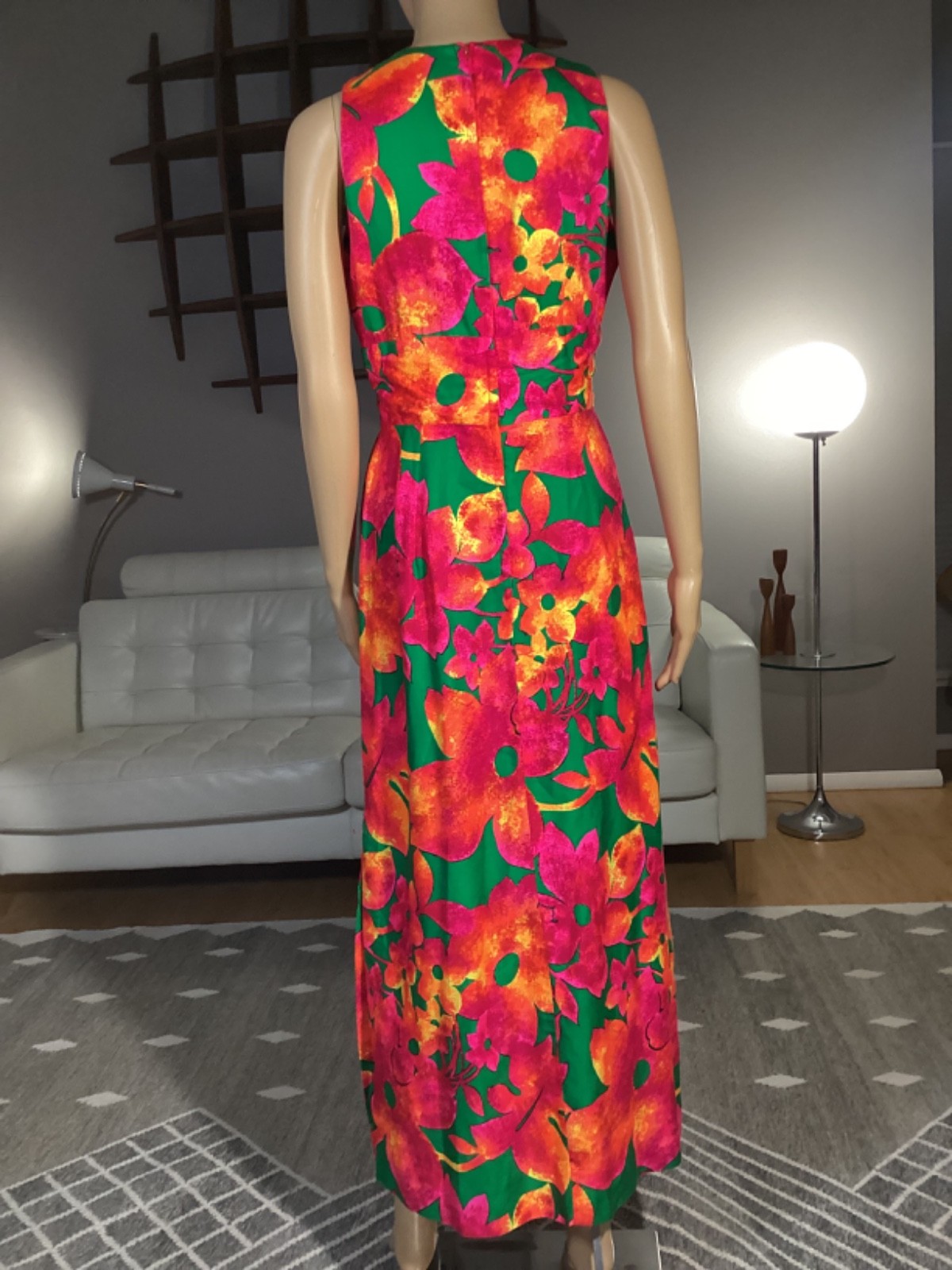 Vintage 1970’s Hawaiian Tropical Bright Floral Maxi Dress Tiki Luau Hippie Mod