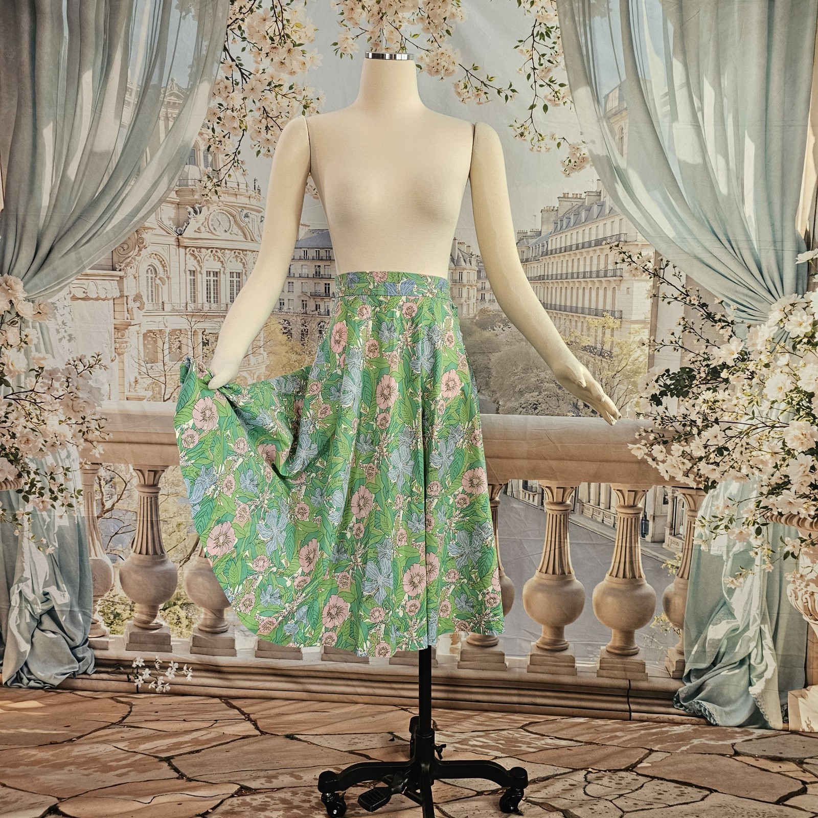 Vintage 1960’s Skirt Midi Skirt Green Pink Blue Floral Retro