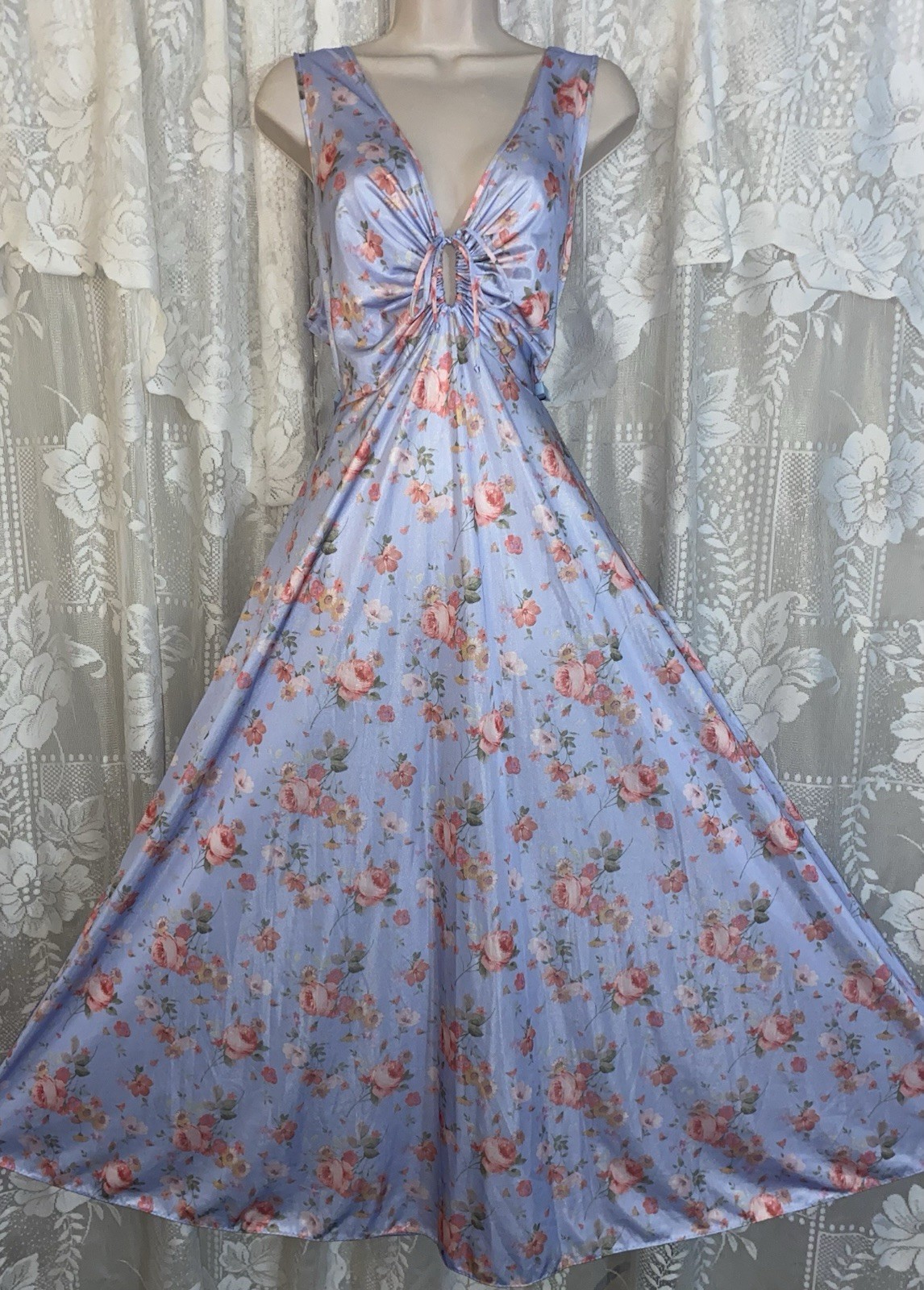 VTG 1X Shadowline Blue w Coral Mint White Floral Keyhole Nightgown Negligee Gown