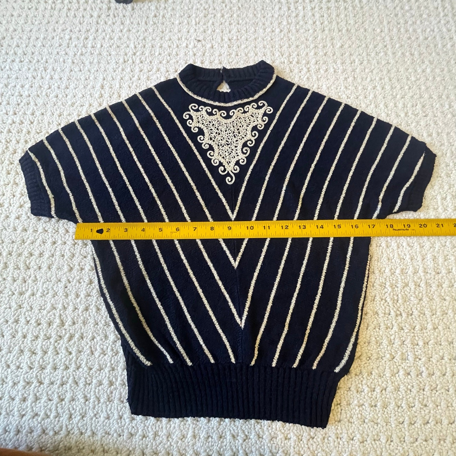 Vintage 1950s Tobi of California Navy Cream Chevron Knit Sweater Bib Top Size S