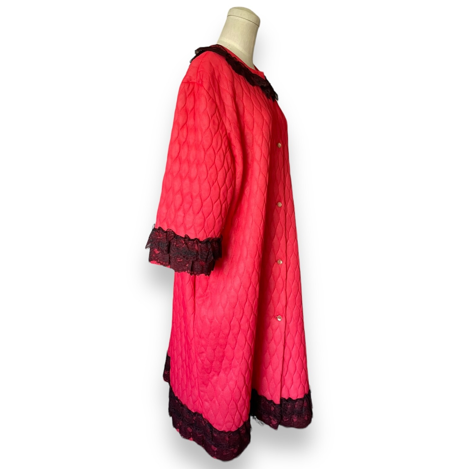 Vintage 50s 60s Paulette Red Quilted Loungewear Robe Black Lace Sz 16 House Coat