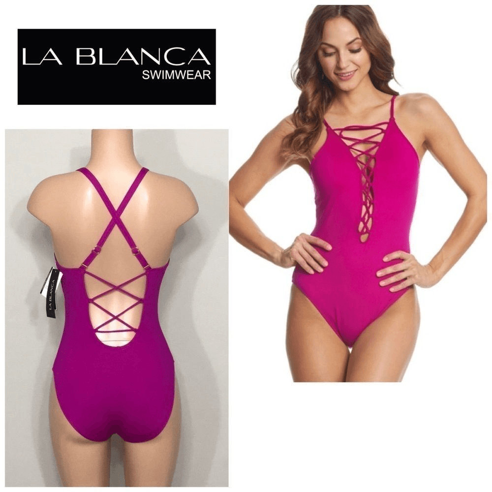 La Blanca Magenta lace up high neck. 6DD/ top. NWT
