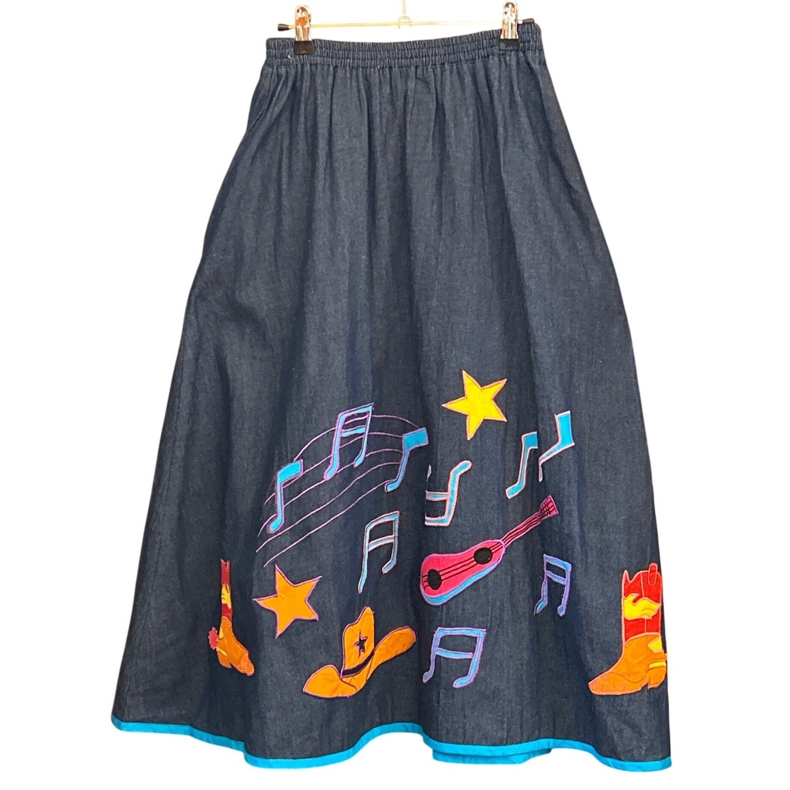 Vintage Southern Image Denim Maxi Skirt Western Cowgirl Country Music Novelty