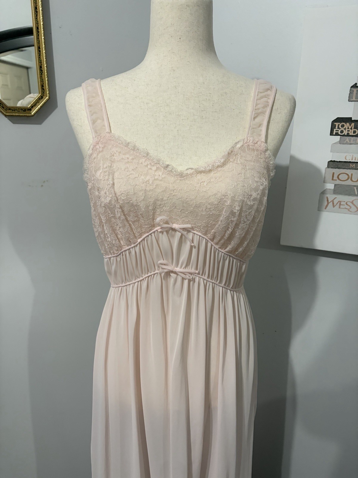 Vintage Pink Maxi Slip Dress With Lace Detail Size 32