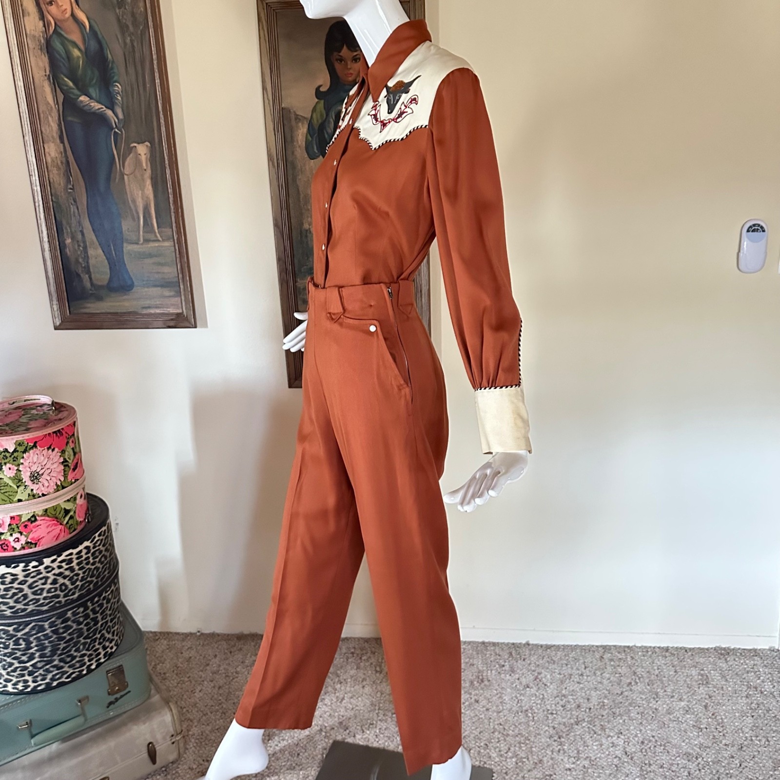 Vtg 1940s Embroidered Ranch Maid Western Wear 2 PC Shirt Pants Suit Rockabilly S