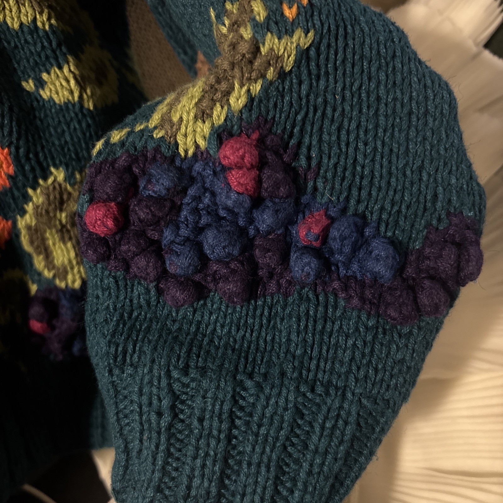VINTAGE: ROBERT SCOTT Fruit Grapes Cotton/Ramie Cardigan *SZ. PM (TEAL MULTI)