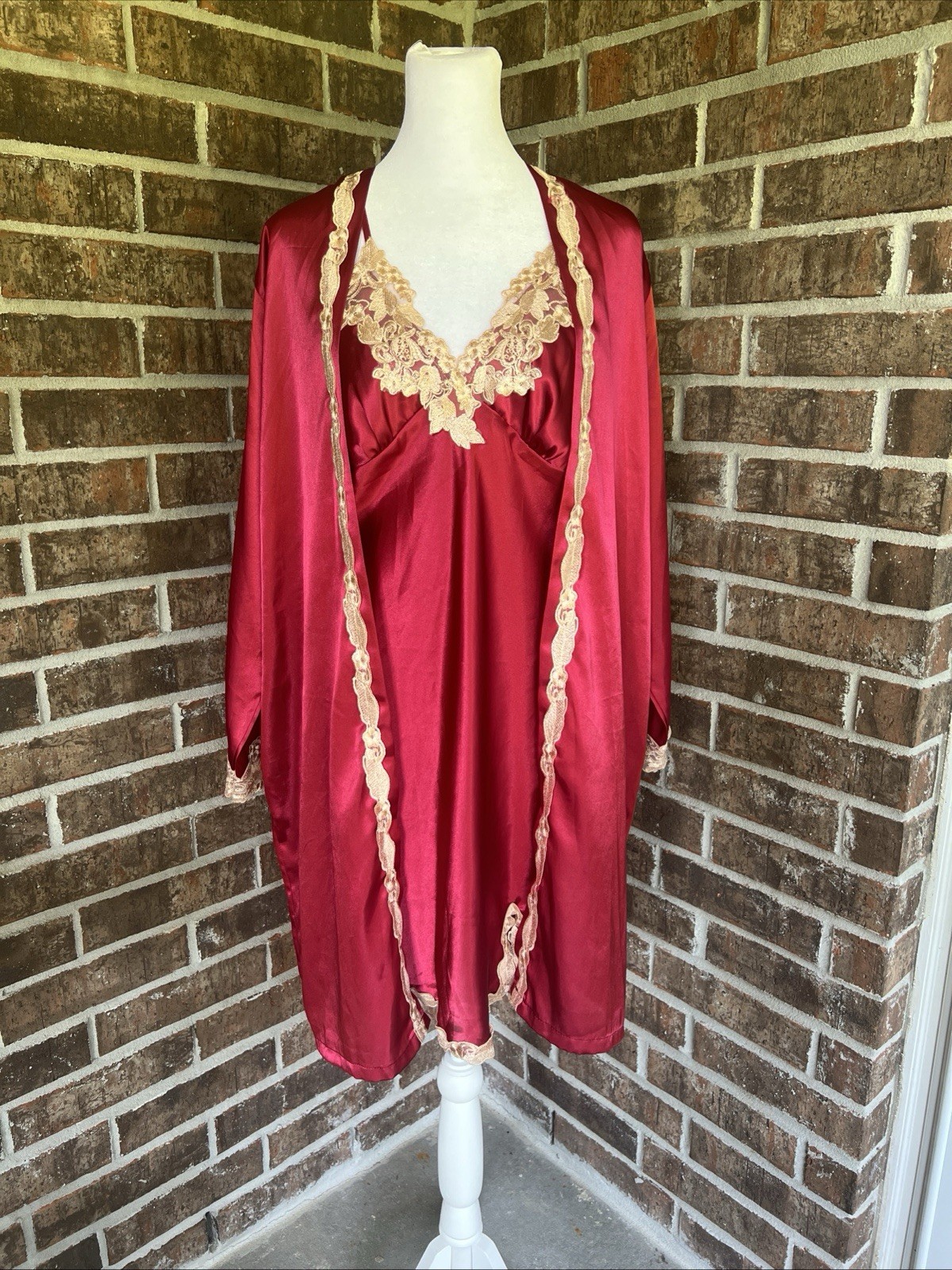 Vintage 90s Unbranded Short Robe, Slip Red Satin Dress And Long Pants Medium