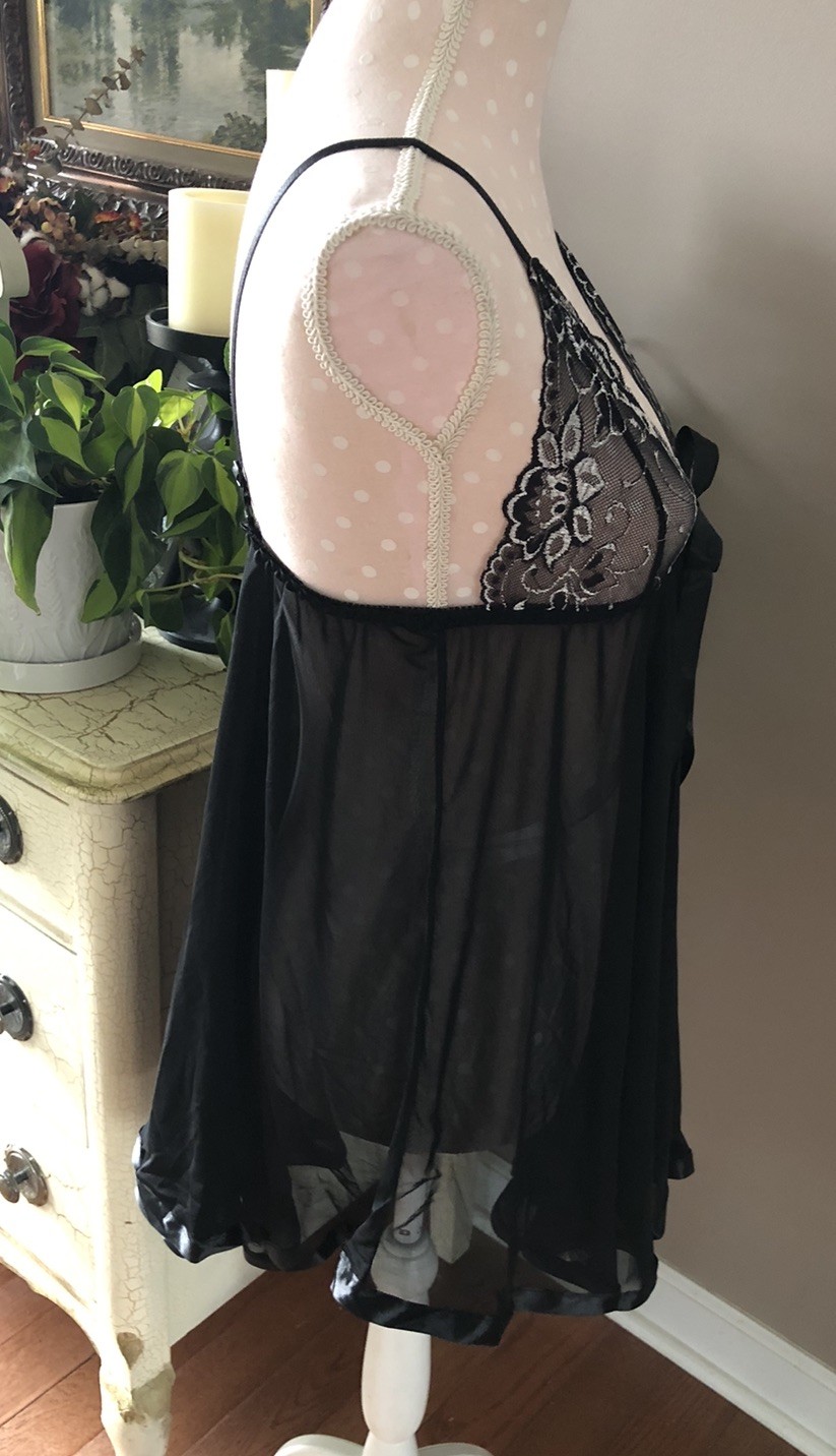 Black Babydoll Nightie Nightgown Sexy Full Sweep Skirt W/Silver Accents Size 3XL