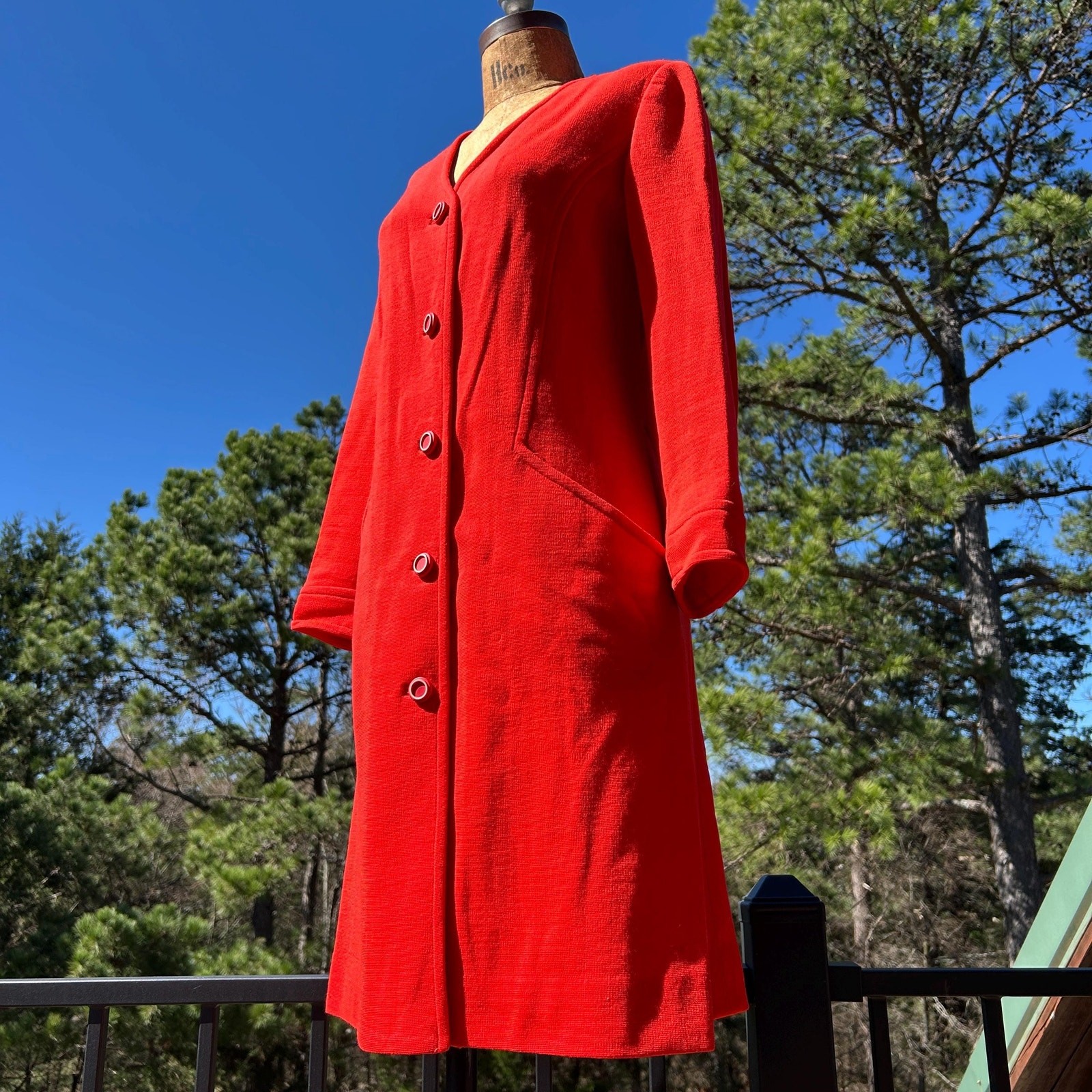 Vintage 60s Orange Wool Knit Pleated Belted Back Mod Midi Coat Dress + Pockets