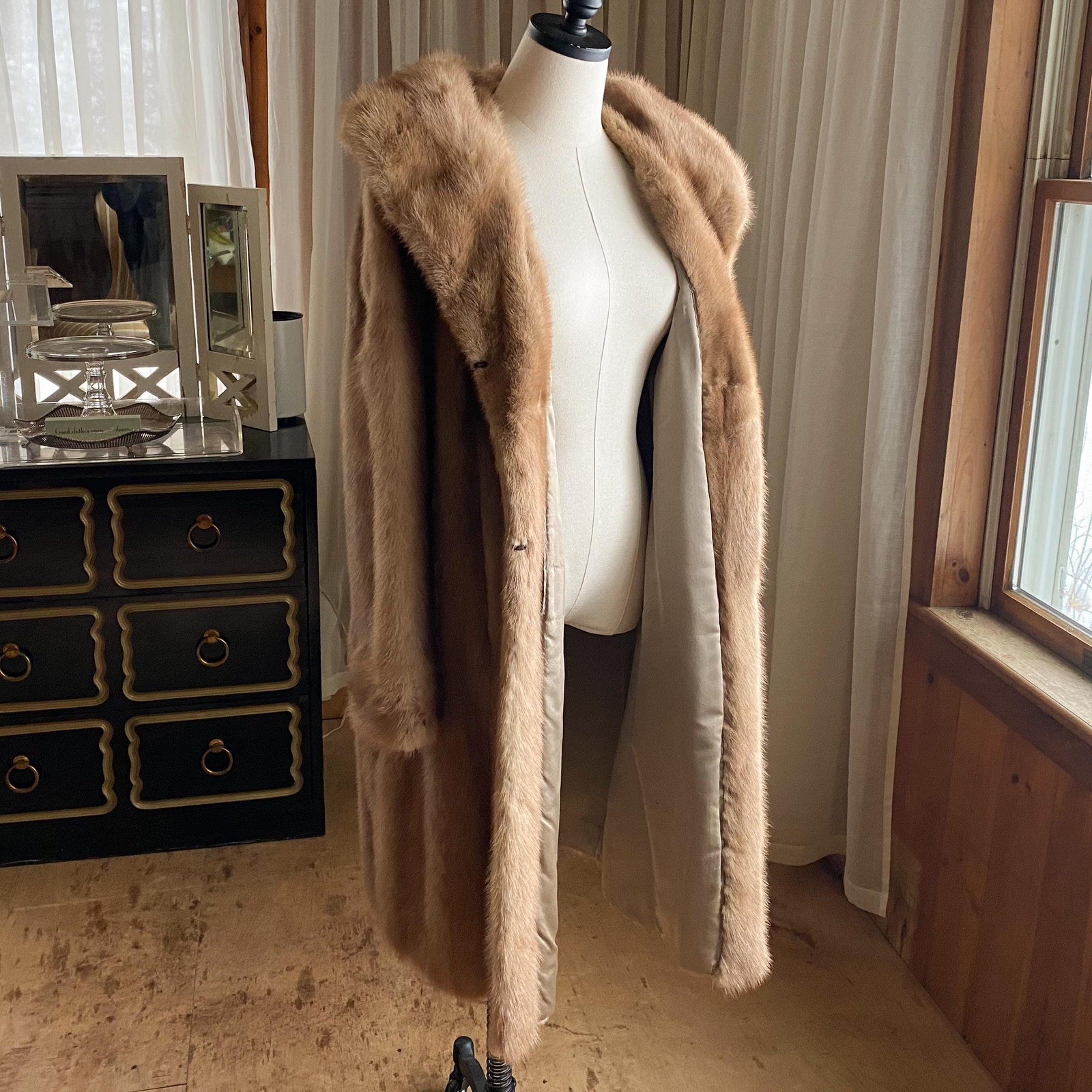 Vintage 60s mink coat midi autumn haze light brown shawl collar 46” bust EUC