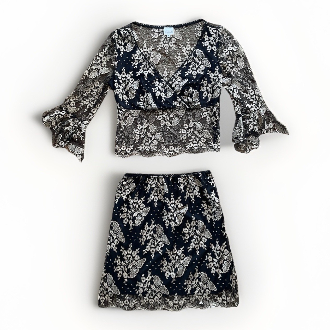 VTG FREDERICK’S of HOLLYWOOD 2PC Mini Skirt Cropped Top Sheer Black Floral Lace