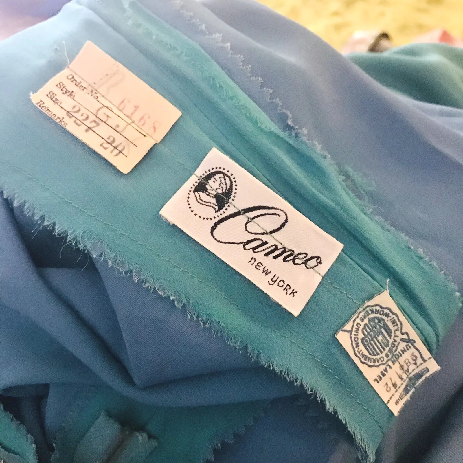 Vtg 50s Ocean Blue Silk Crepe Dress L Cameo Cowl Neck Pearl Beading Pinup Rare
