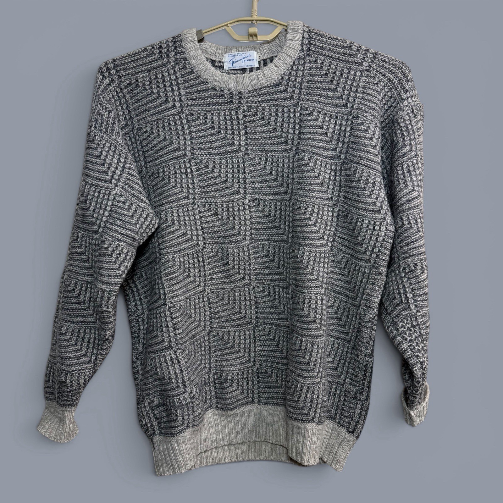 Vintage Trimingham’s Bermuda Gray Med Sweater Shetland 100% Pure Wool Geometric