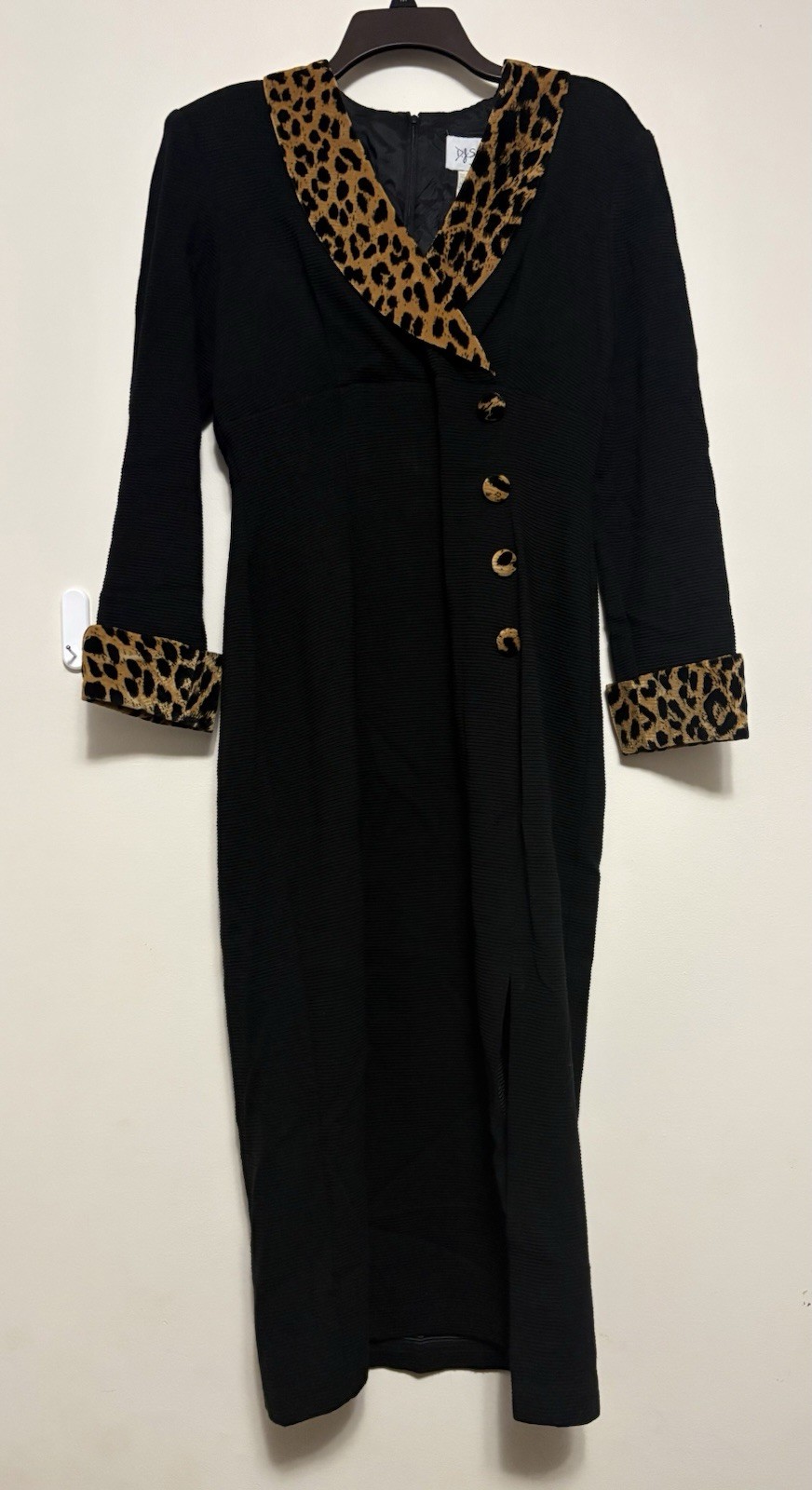 Vintage D.J. Summers Black Leopard Velvet Trim Midi Dress Size 12 Vguc
