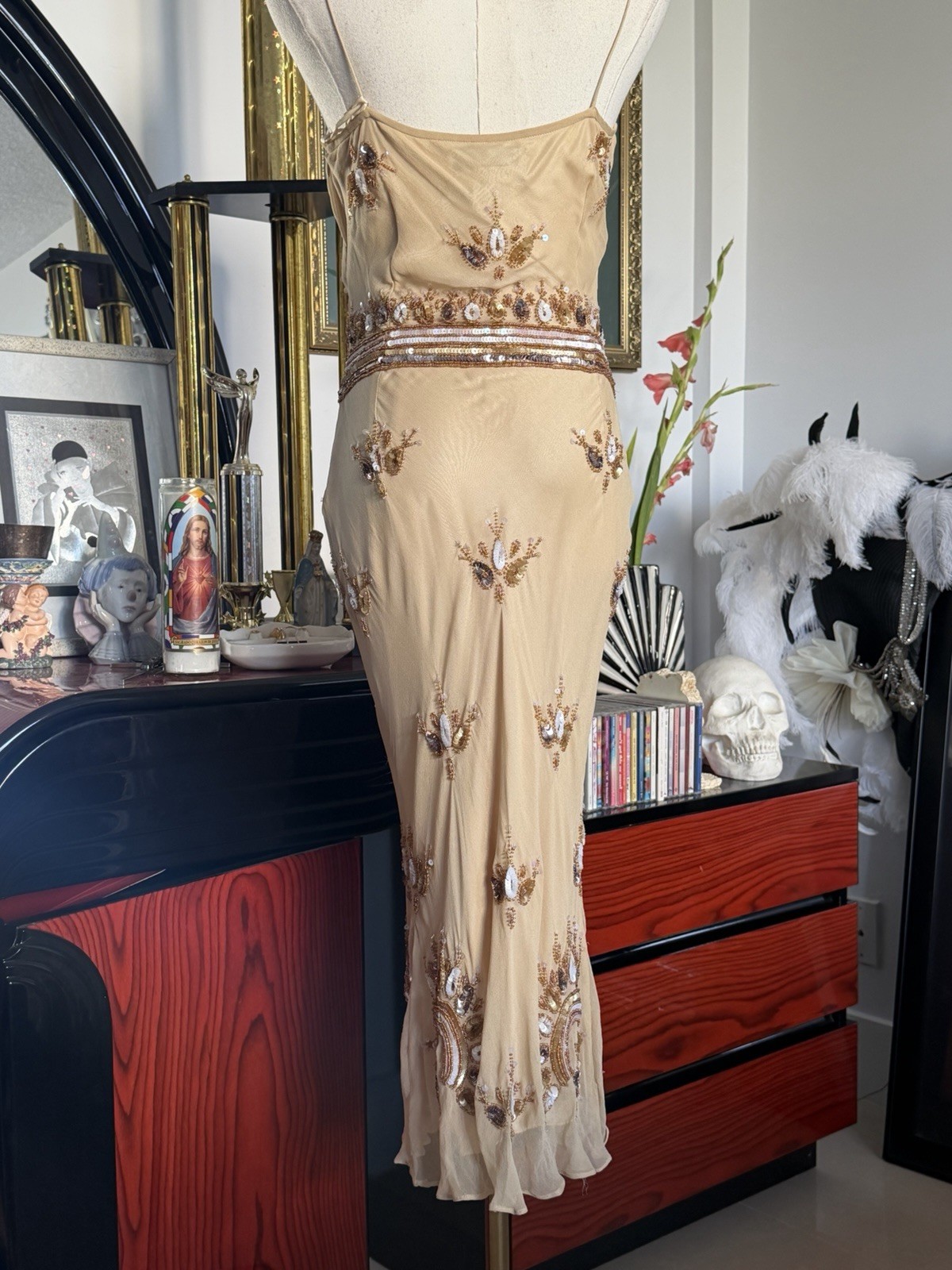 Vintage Papell Boutique Evening Silk Beaded Gown Size 6 NWT Deadstock Y2K