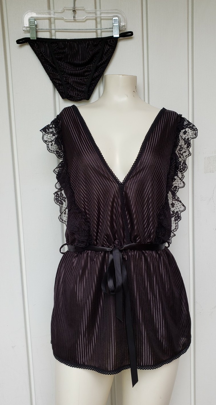 Vintage Stroke Of Midnight Satin Stripes Lingerie String Bikini Set Size Small
