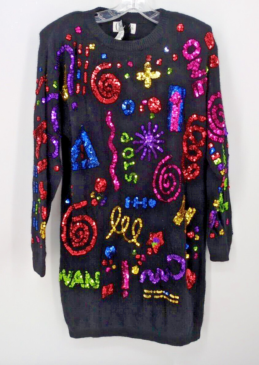 Vintage Carducci Wool Angora Blend Long Sweater Size M Sequins Black FLAWS Holes