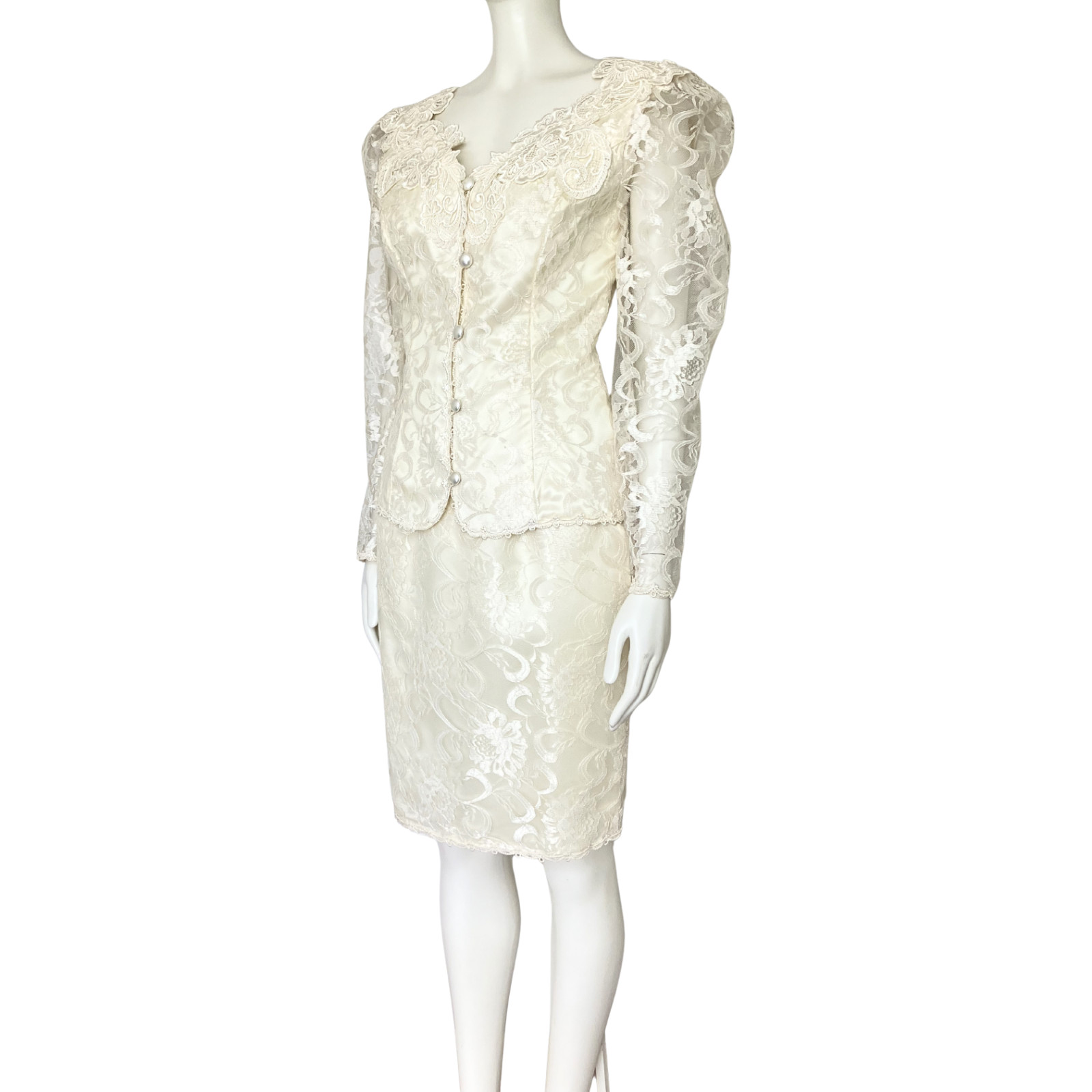Vintage 80s Scott McClintock Ivory Lace Wedding Skirt Suit Set. XS 4. Bridal