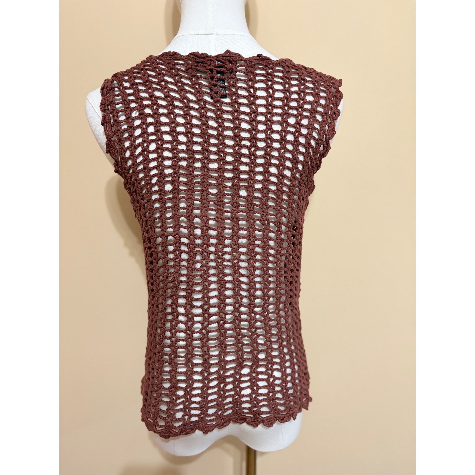 One Step Up Brown Vintage Hand Crocheted Floral Vest Women One Size Excellent