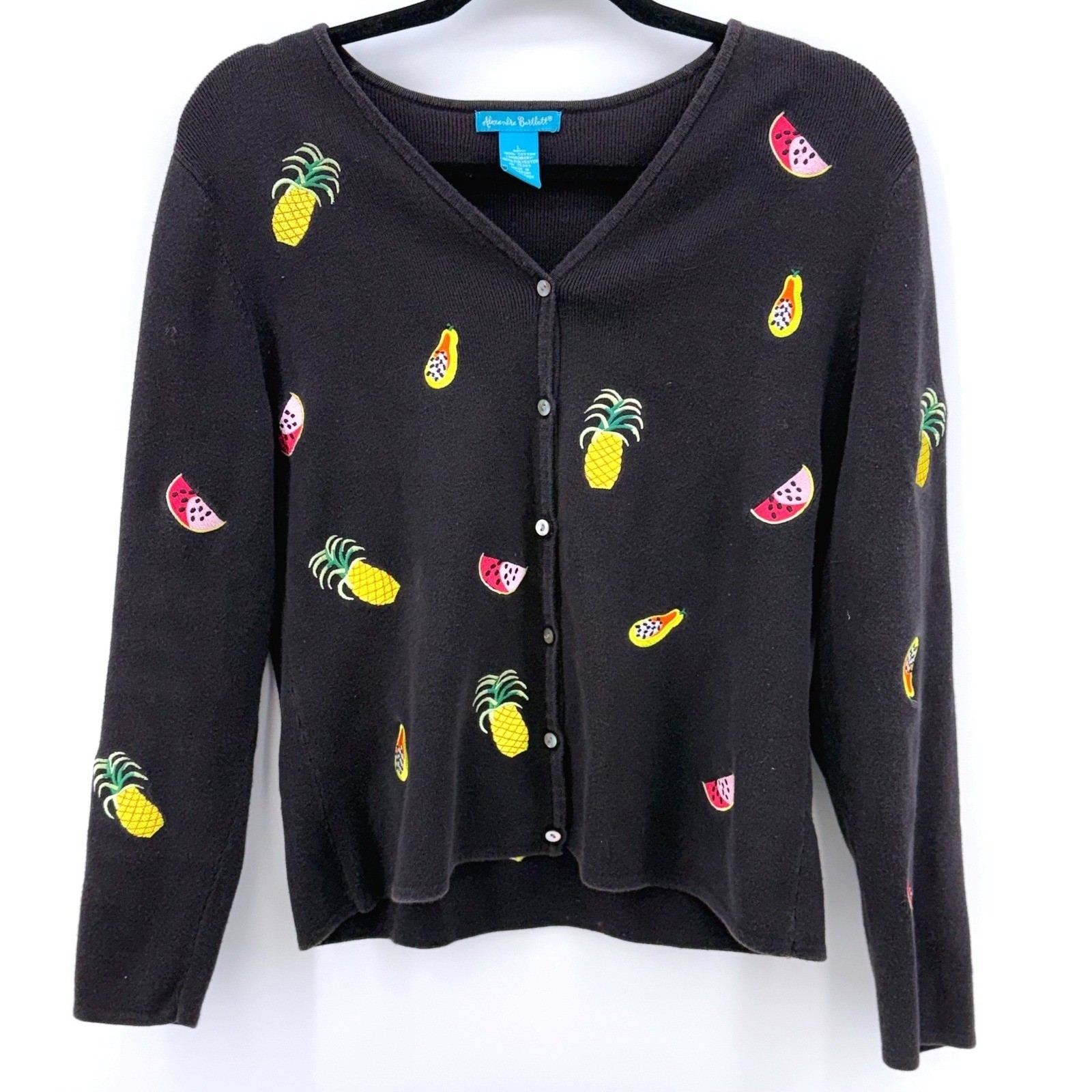 Alexandra Bartlett Vtg 90s Embroidered Fruit Cardigan Pineapple Cotton L Kitschy