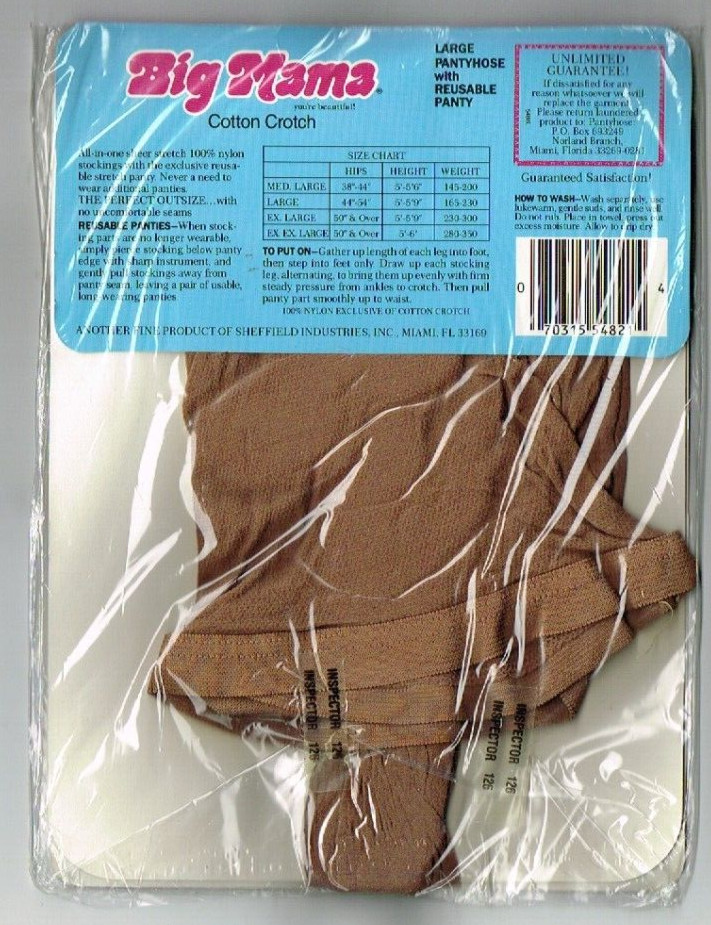 Big Mama Pantyhose Size Large 44 – 54″ Unopened Package 1983 Vintage Nylon