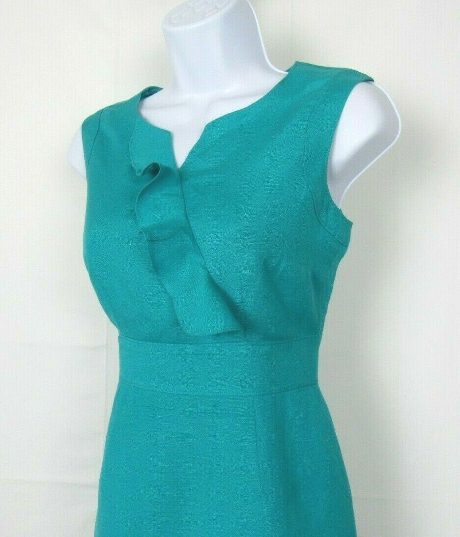 VTG 1980s 90s TAHARI ARTHUR S LEVINE SIZE 4P TURQUOISE LINEN RAYON BLEND DRESS