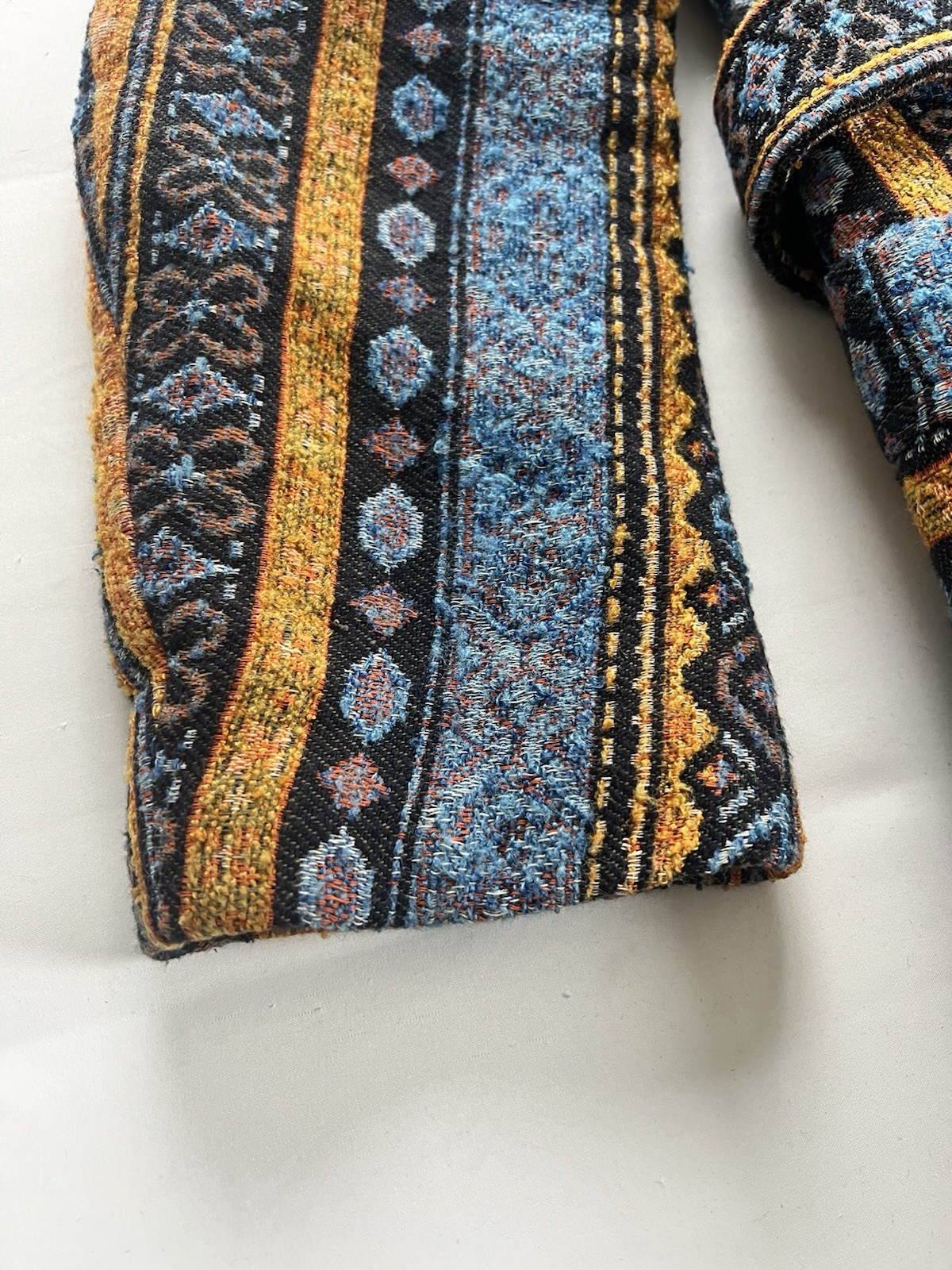 1970s Coat Colorful Tapestry Carpet Jacket Belt Toggle Button Amazing Aztec