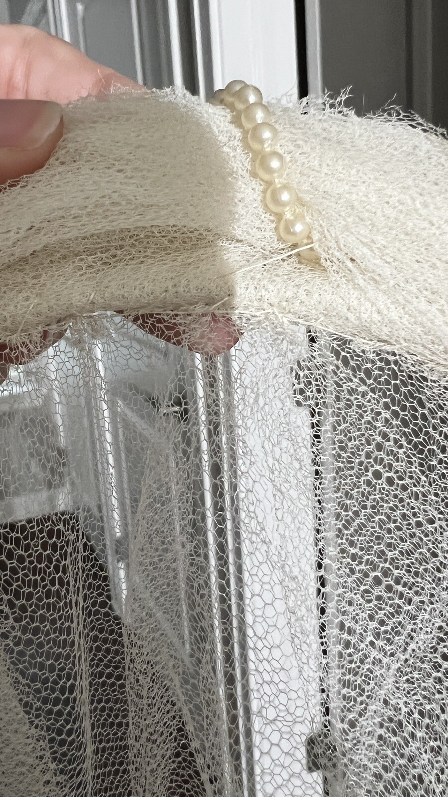 Vintage 30s 1940s White Rolled Mesh Net Pearl Wedding Headband Bridal Headpiece