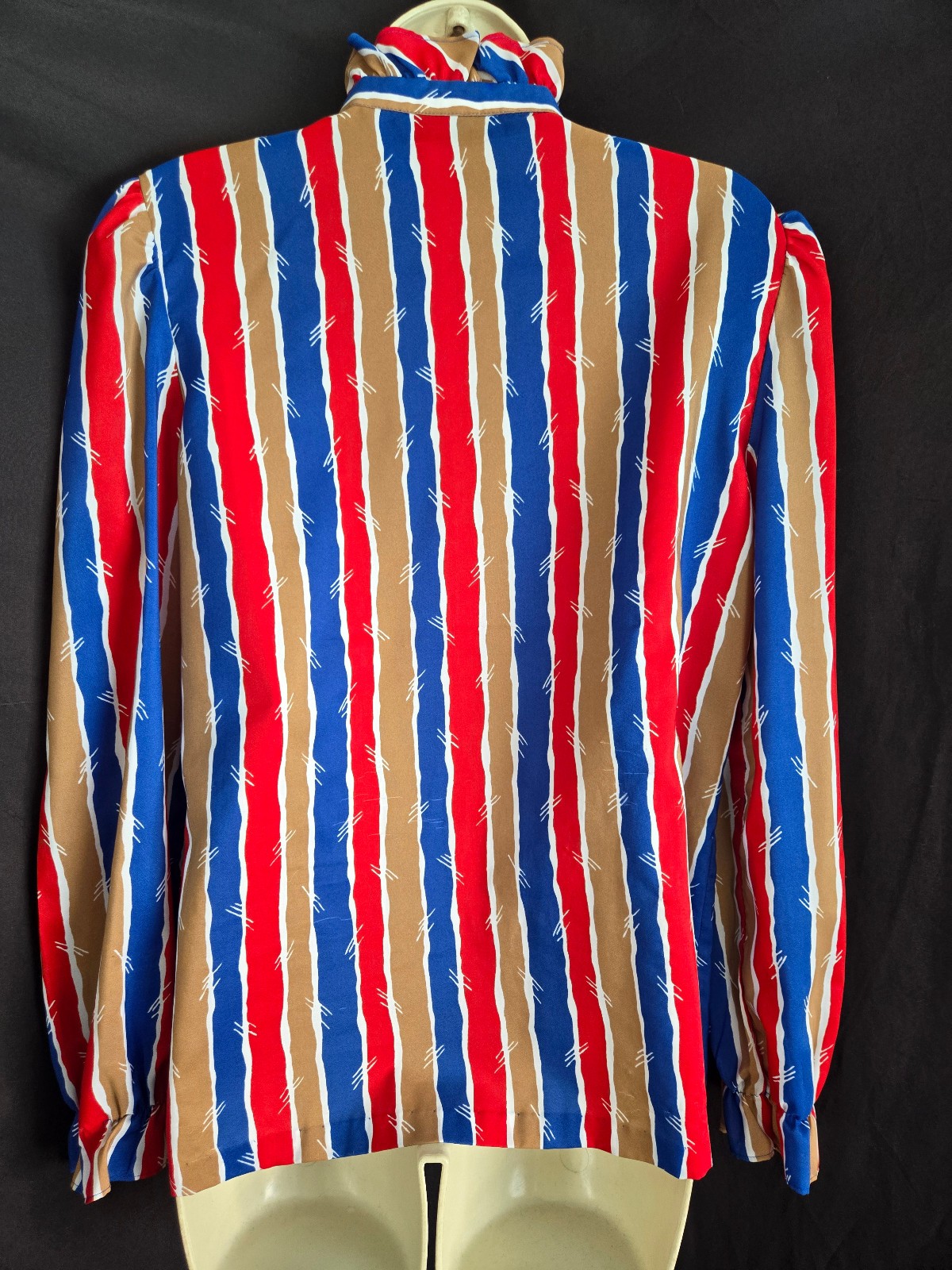 Vtg 70s 80s Ruffle Neck Prissy Secretary Suit Blouse BOLD Stripes Red Tan Blue