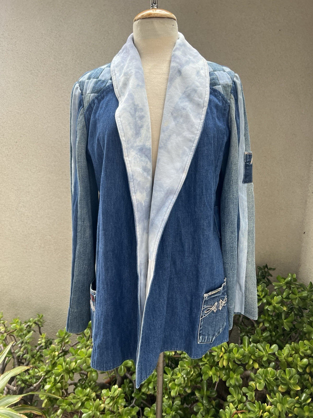 Vtg Funky Blue Denim Blazer Jacket Pocket Upcycled M/L Custom Made