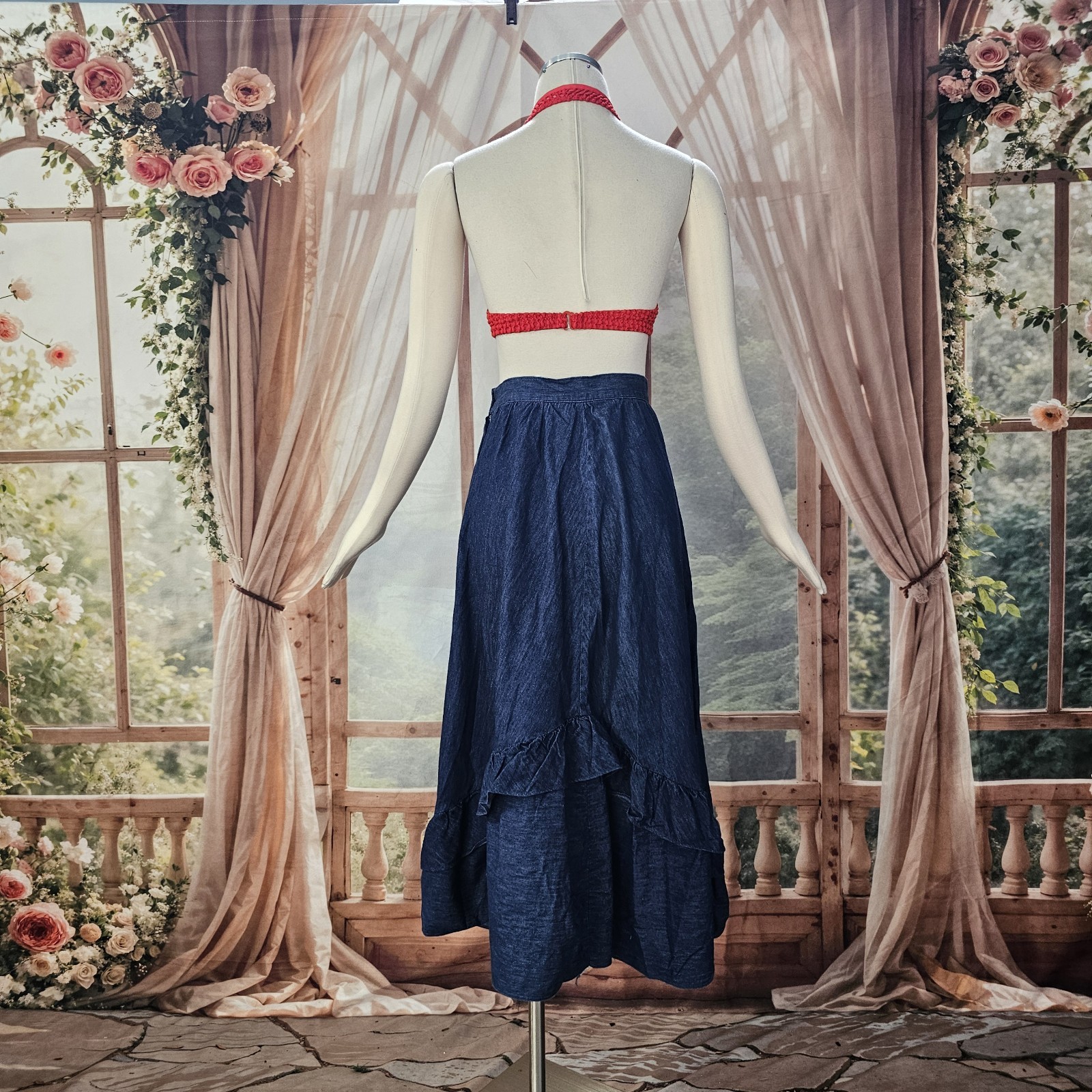 Vintage 1970s Skirt Denim Blue Jean Ruffle Flowy Midi Length Retro Chequers