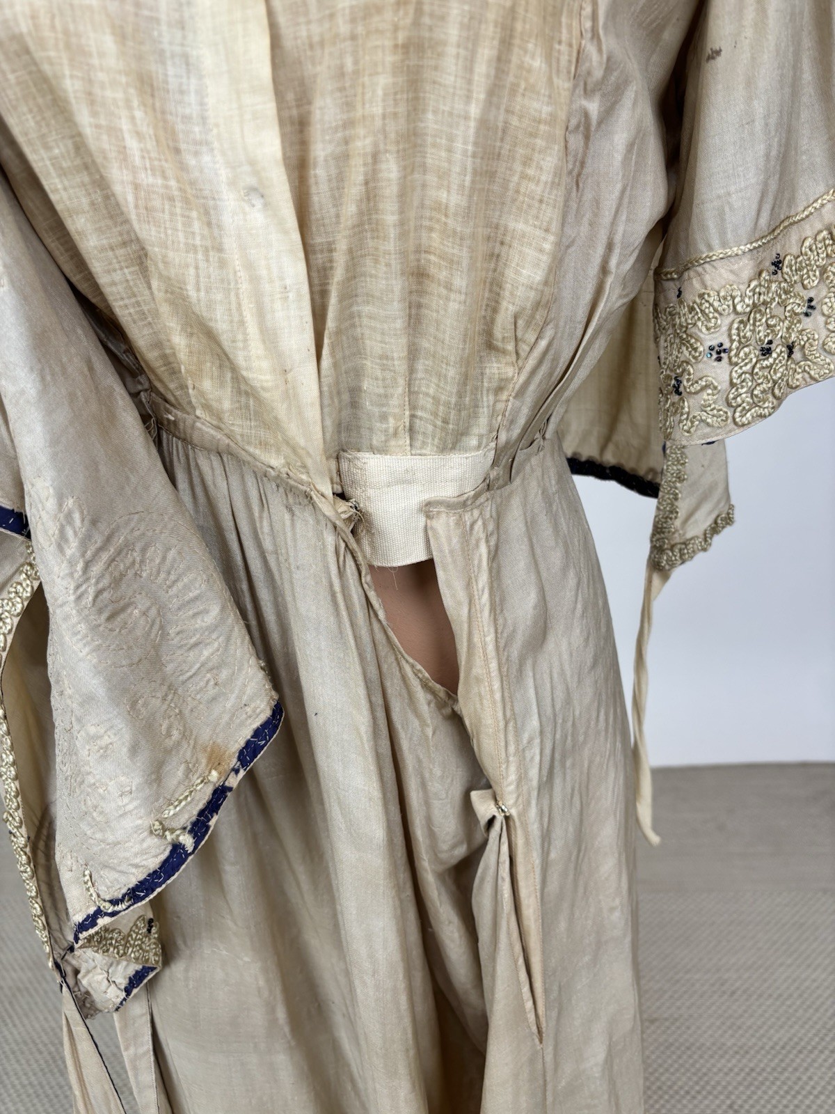 Antique Edwardian 1910s Beige Silk Day Dress Cording Blue Beads Wrap Bodice