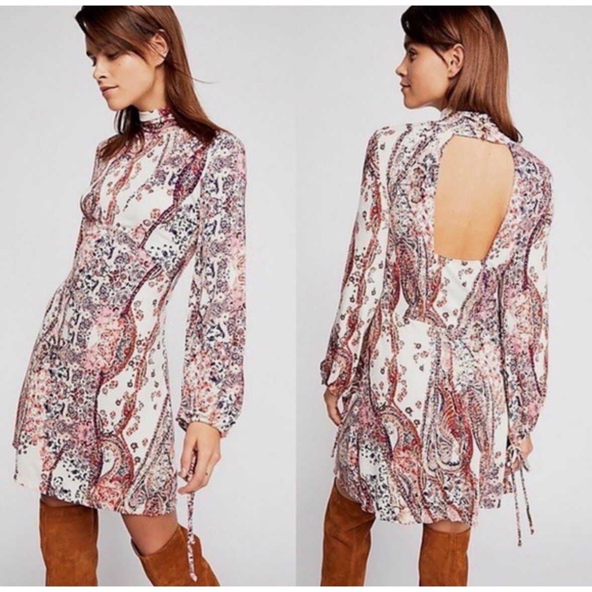 Free People Dress Mini Balloon Sleeve Boho Retro Large White Red Floral New