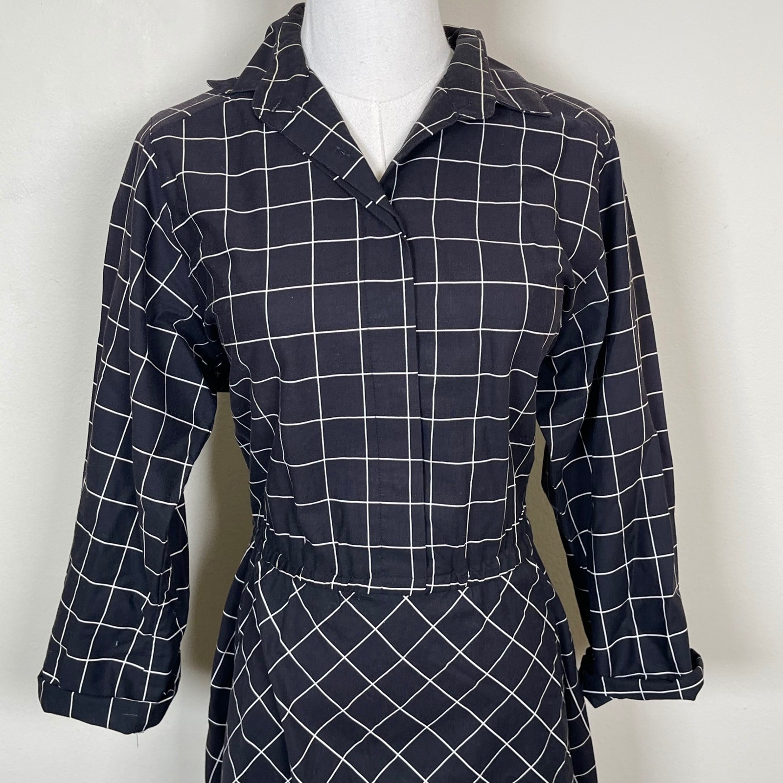 Vintage The Shirtdress Grid Midi Dress Womens 14 Black White Windowpane 70s 80s