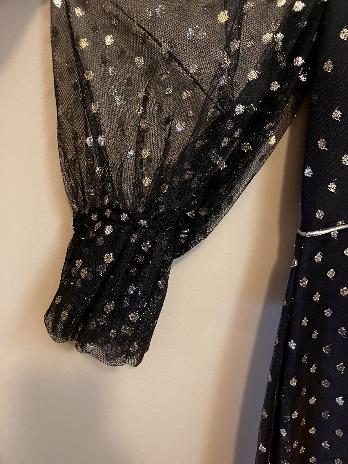 VTG Dress Nancy Bracoloni Shangri La Black Gauze W/ Gold Polka Dots See Measures