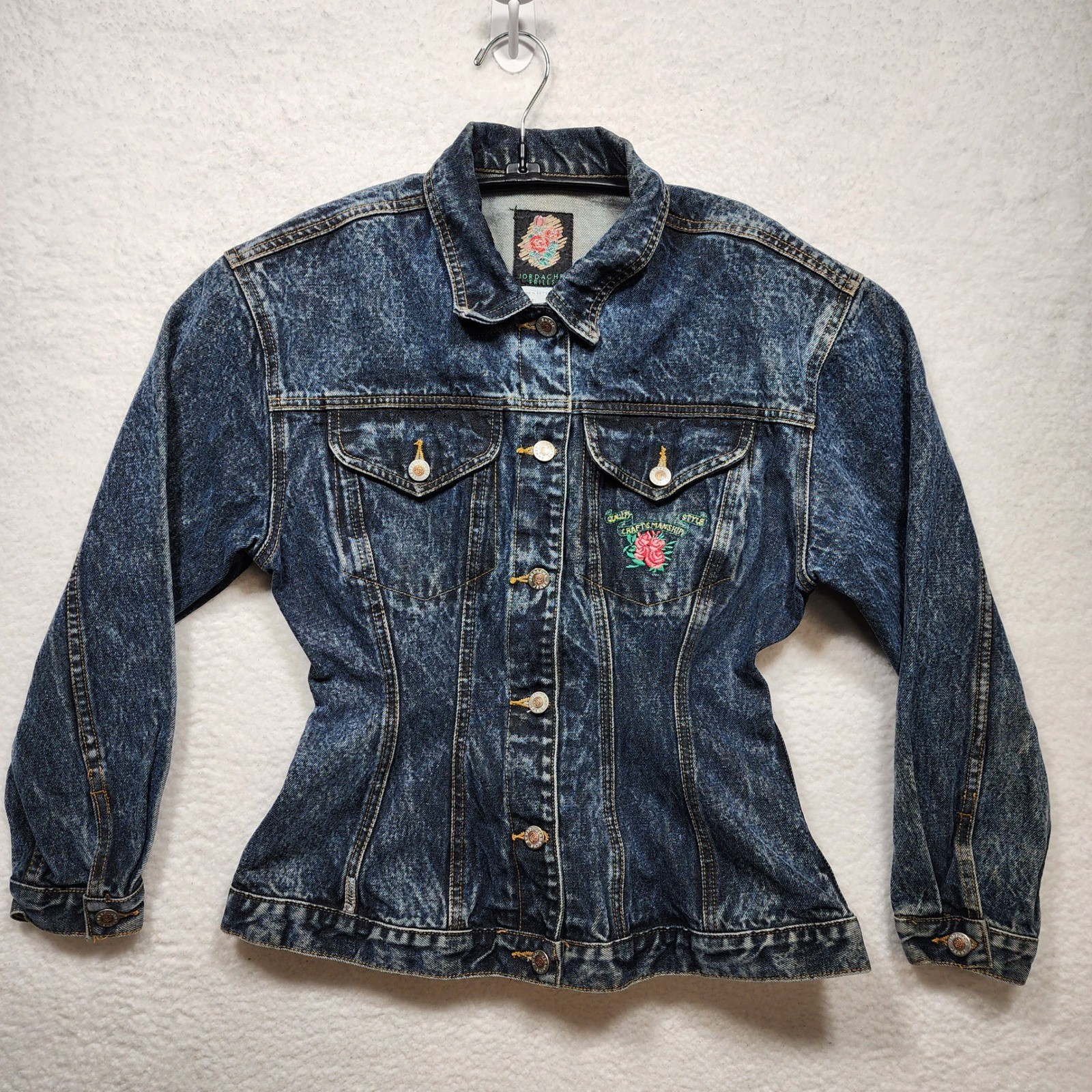 Vintage Jordache Frills Acid Wash Denim Jacket Rose Embroidered Blue Womens M