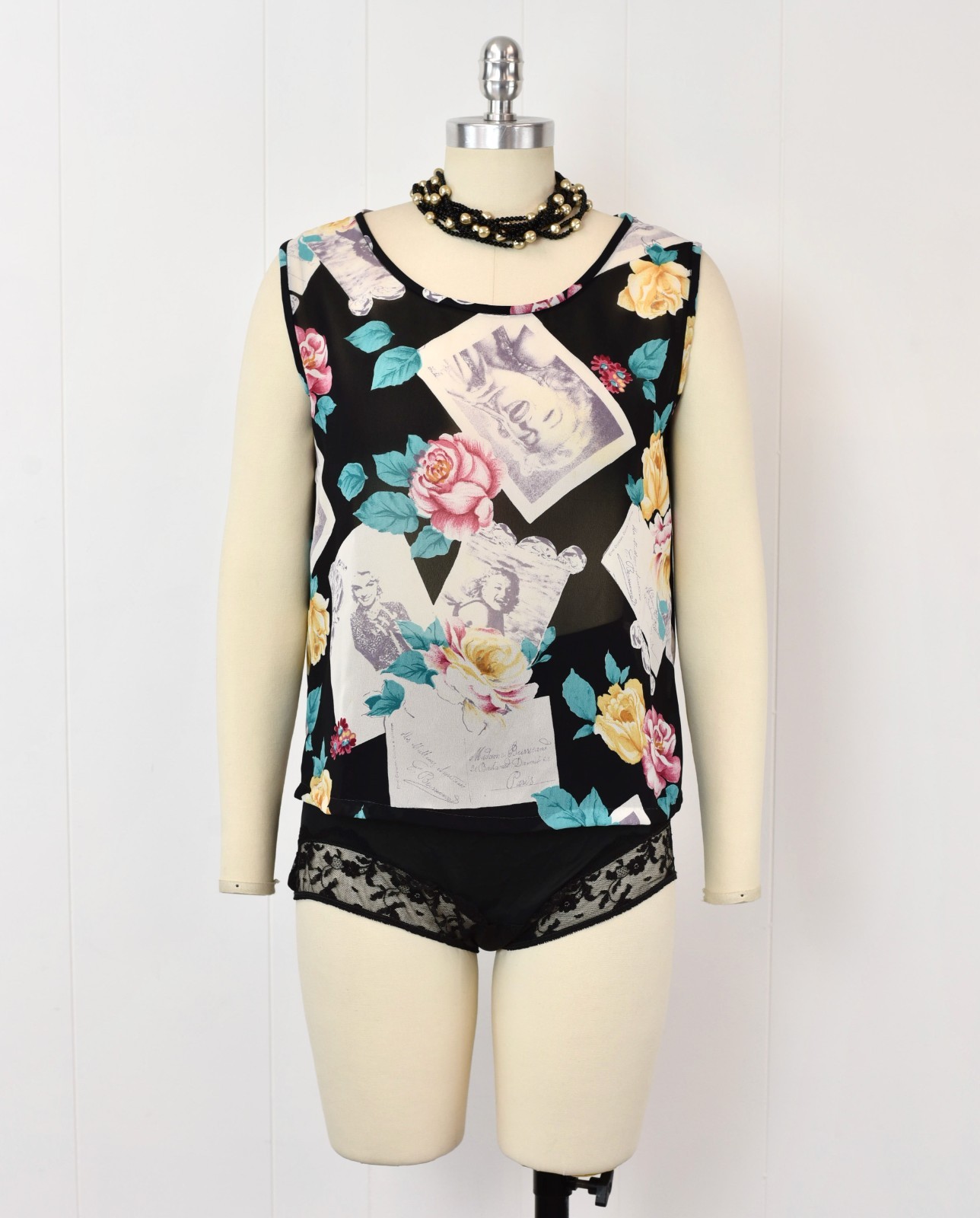 Vintage Marilyn Monroe Novelty Print Floral Black Sheer Lingerie Top Robe Set