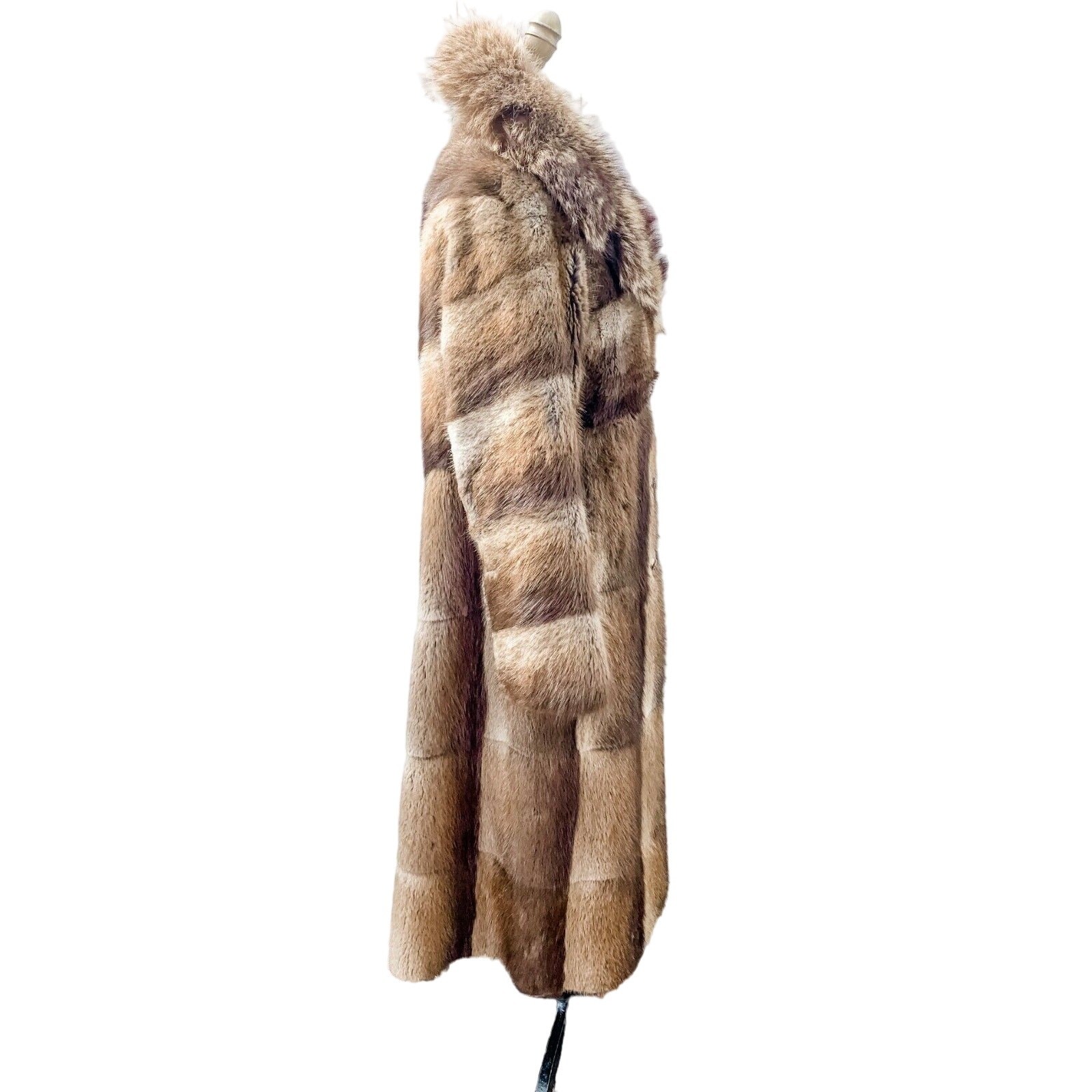 VTG 70s Beaver Fur Patchwork Coat Raccoon Collar Trench Boho Glam S M