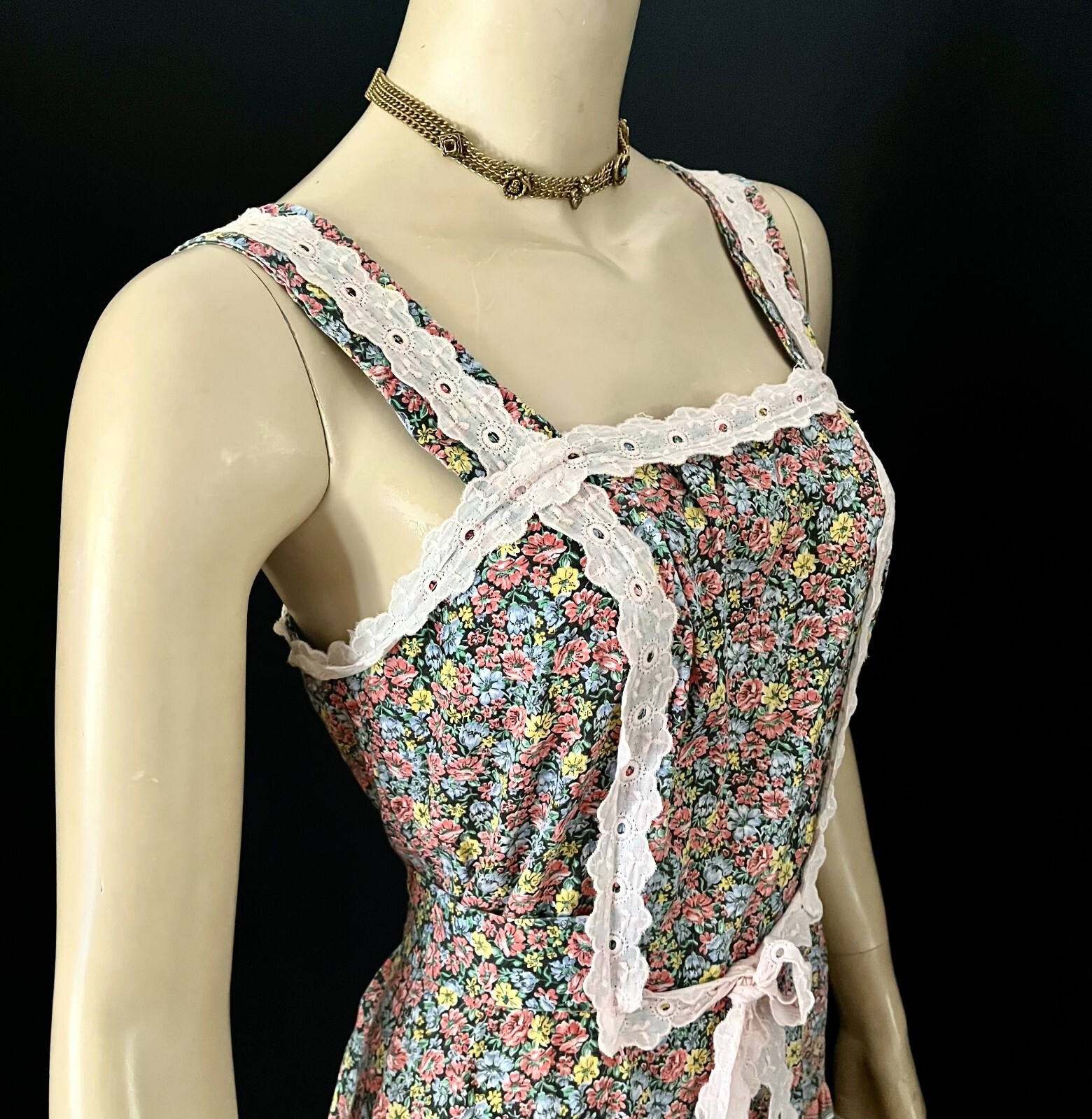 1970s Cottage Core Boho Tiered Maxi Dress, Mr. „B” of SF, California, Sm-Med.