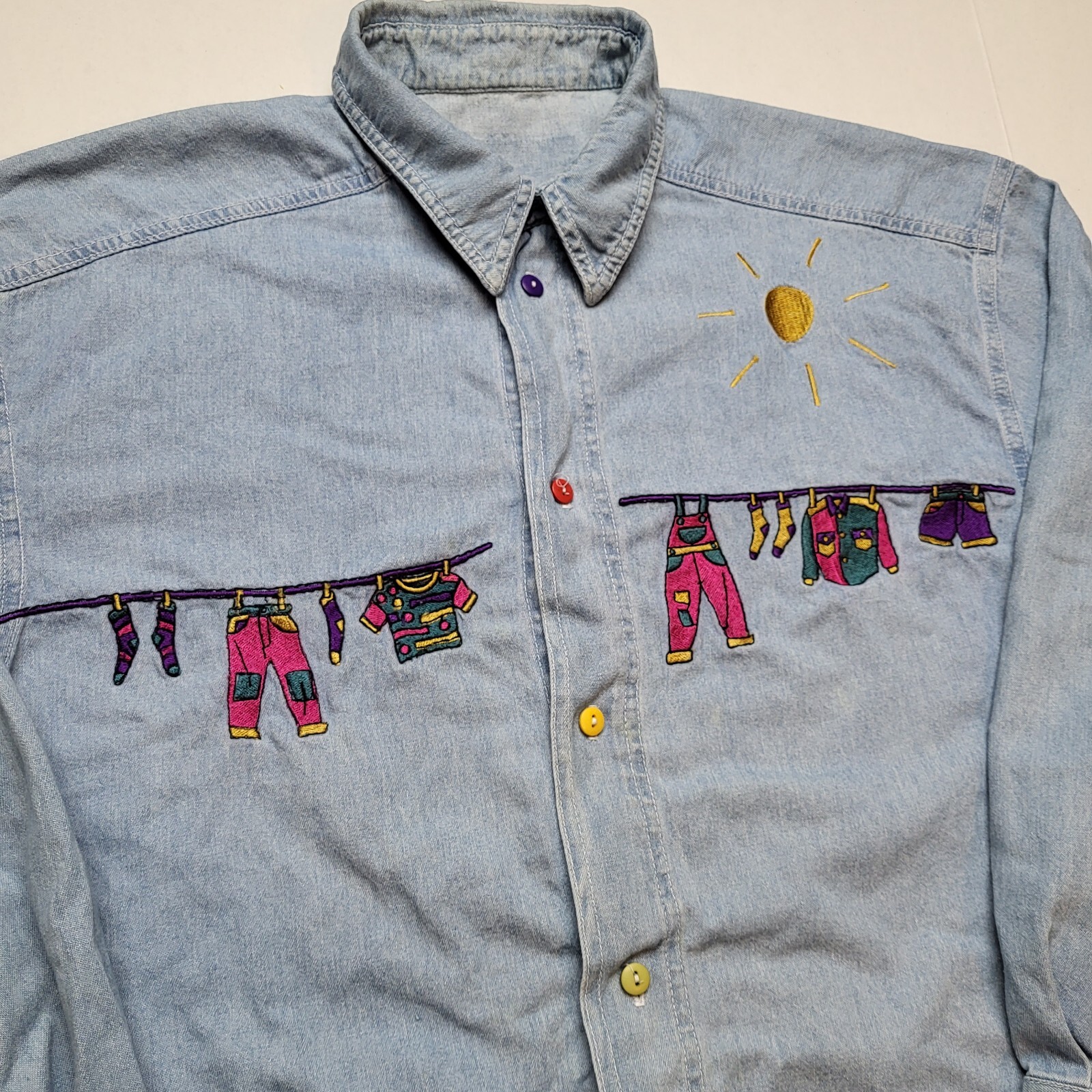 Vtg Denim Clothesline Shirt Womens L Blue Playful Long Sleeve 90s S88