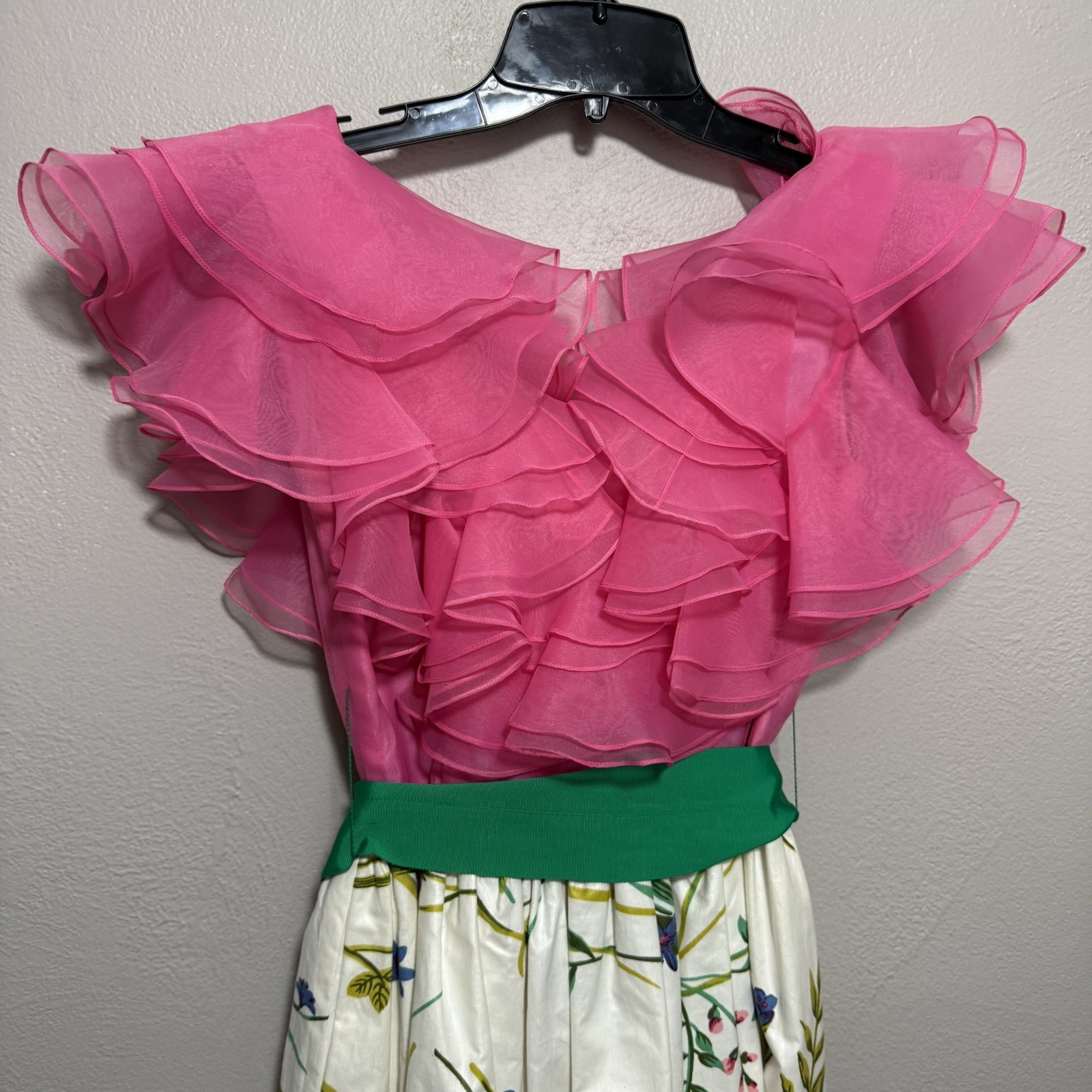 Vintage 70s William Pearson Dress Pink Green Floral Organza Ruffle Gown Sz XS/4