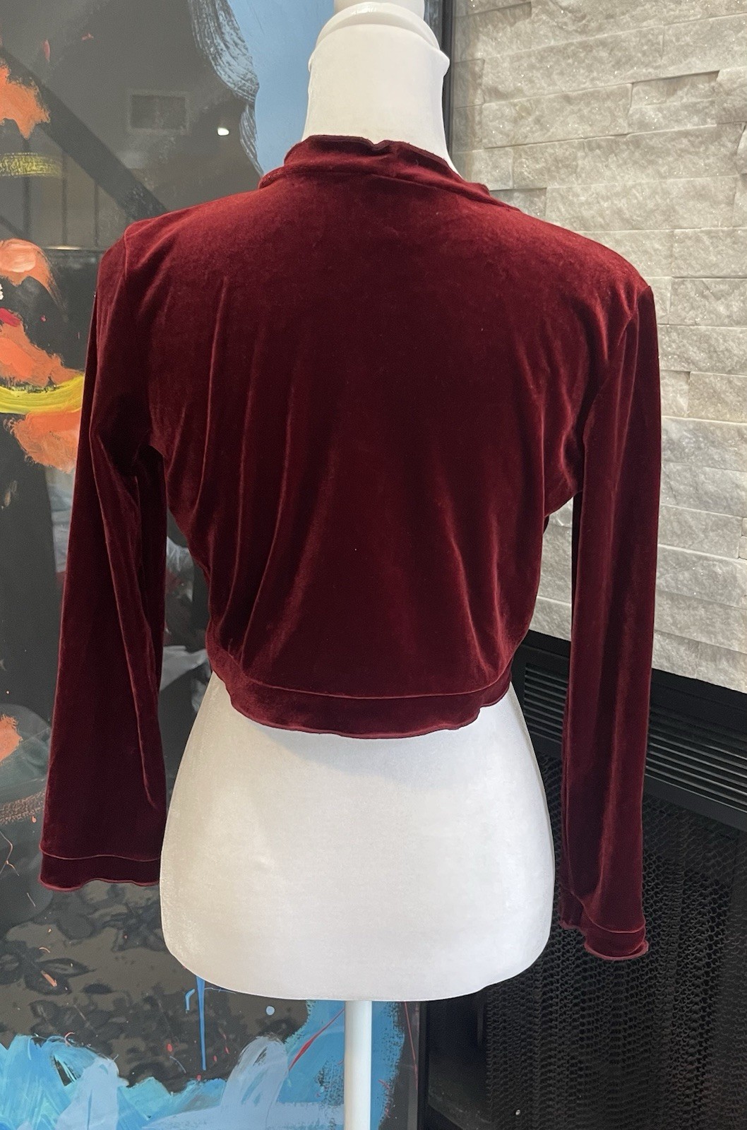 Vintage Lord And Taylor Cropped Bolero Shrug Velour Burgandy Cardigan Size Small