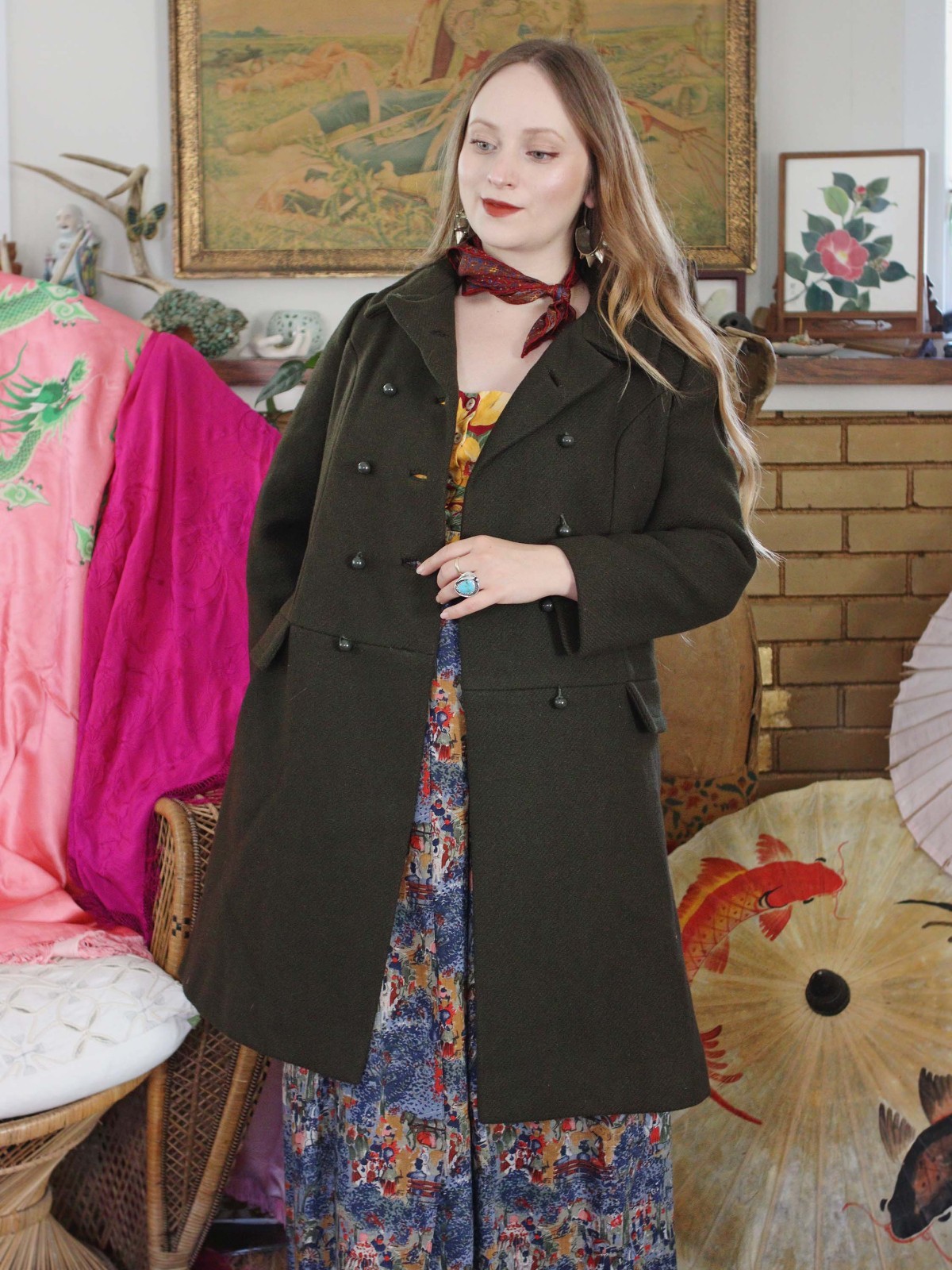 Vintage 1960s The Halle Bros Co deep olive green wool princess Peacoat 60s