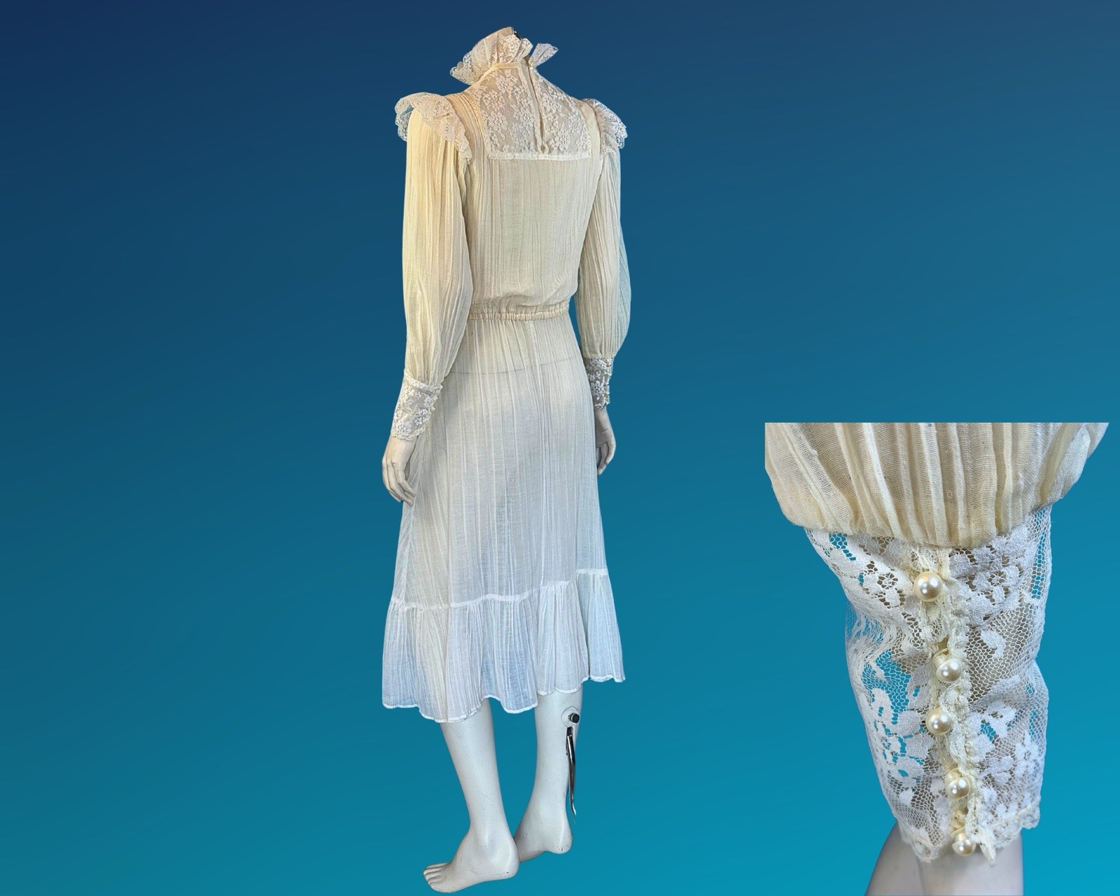 Vintage Romantic Victorian Revival Prairie Lace Crinkle Cotton Dress | S